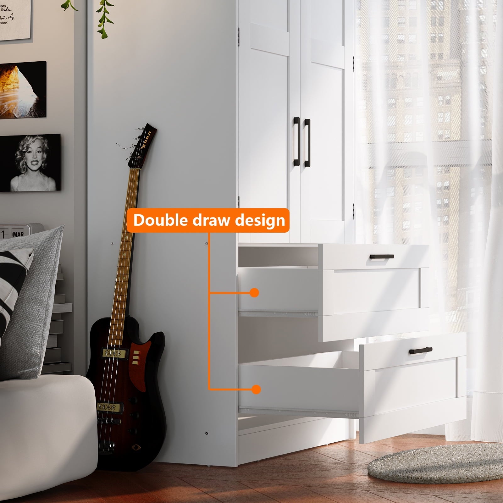 Wood White Wardrobe Closet with 2 Doors，Bedroom Freestanding Armoire Storage Cabinet with Shelves，Wooden Wardrobe Combination for Hanging Clothes