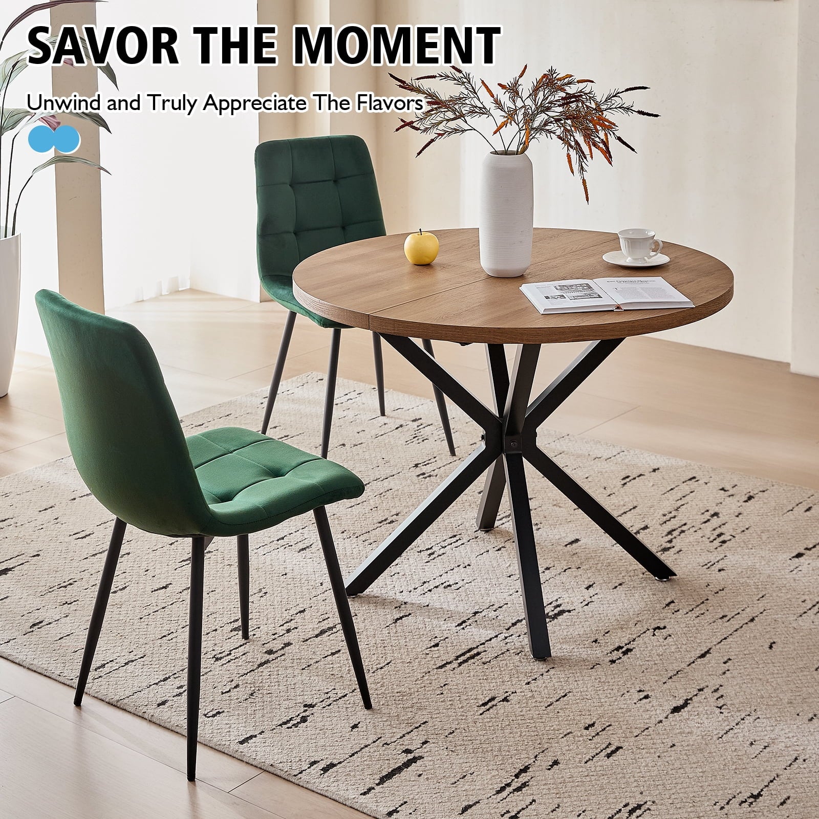 5 Piece 39 Round Dining Table Set for 4, Mid Century Kitchen Table with 4 Khaki Fabric Upholstered Dining Chairs for Apartment Living Room, Space Saving Table.