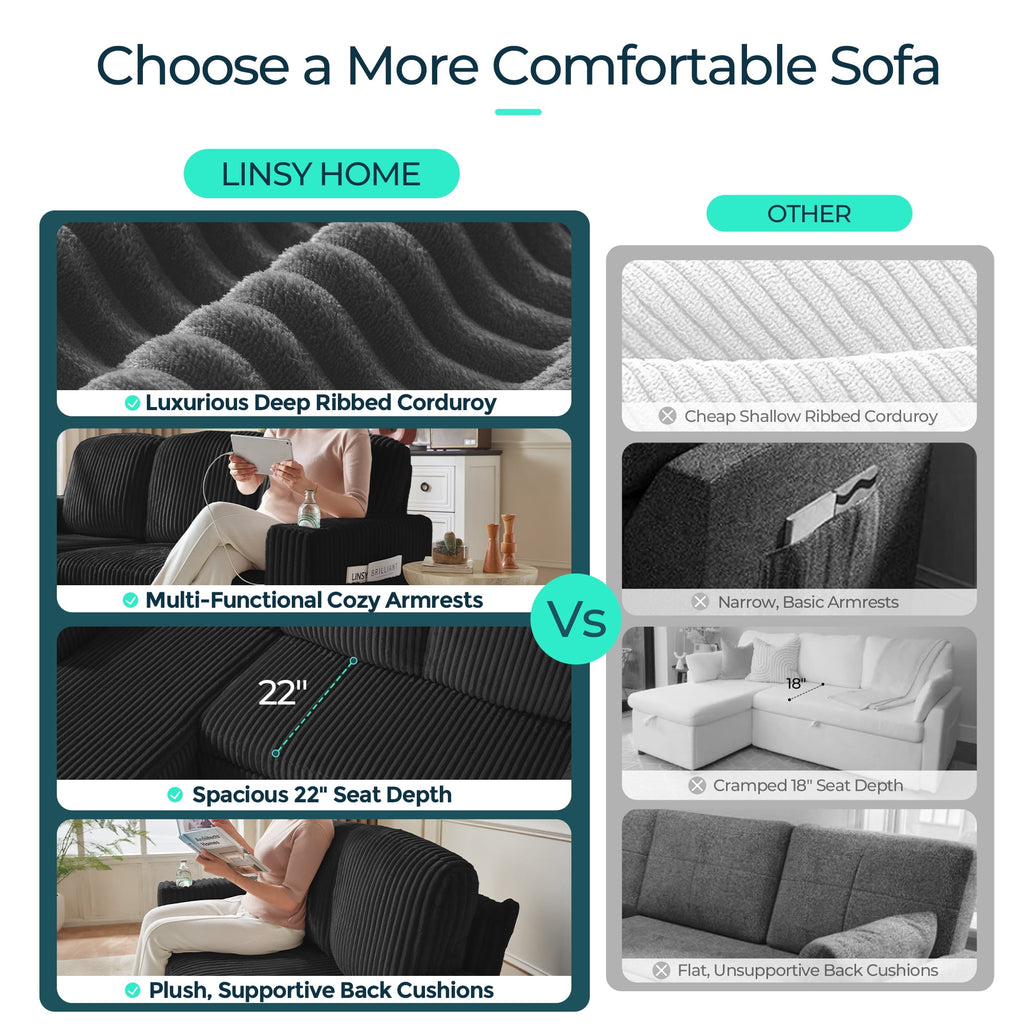 LINSY HOME L Shaped Sectional Couches for Living Room, Sleeper Sofa Bed with Reversible Storage Chaise, Pull Out Couch Bed with USB, Cup Holder, Black