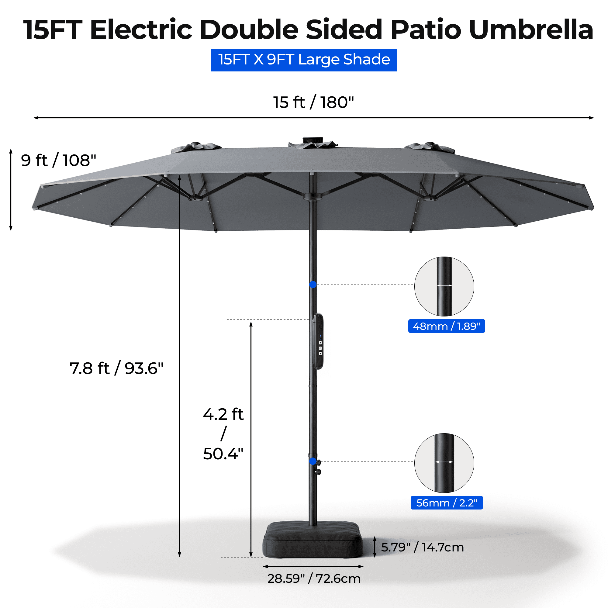 15ft Smart Electric Patio Umbrella, Large Double Sided Rectangular Outdoor Patio Umbrella with Light and Base for Lawn, Garden, Backyard,Beige
