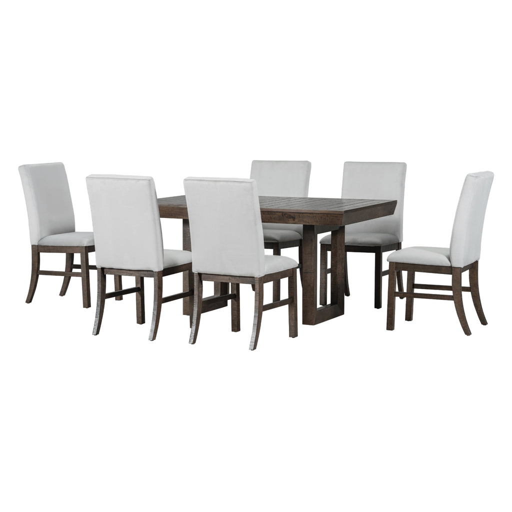 Harper & Bright Designs 7 Pieces Retro Dining Set for 6, Wood Rectangular Table with Designed Trestle Base and 6 Upholstered Chairs for Dining Room and Kitchen, Grey