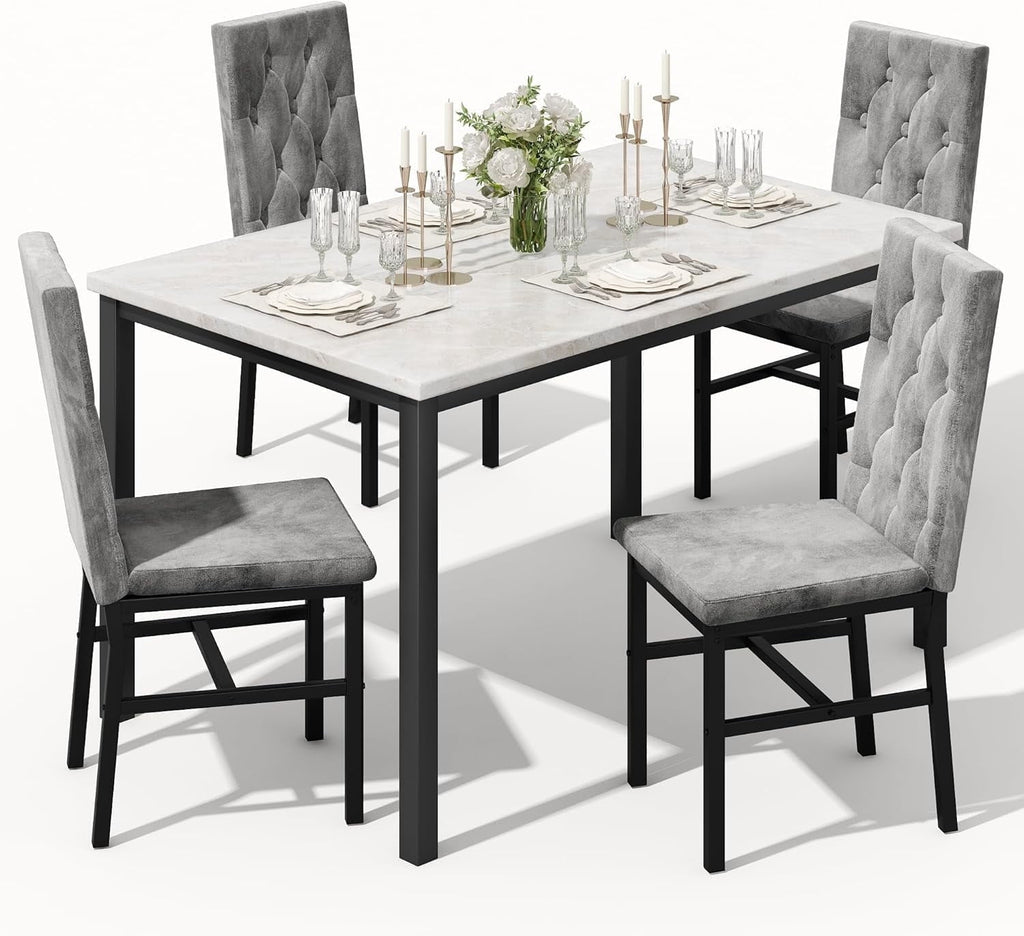 Baxluxe Dining Table Set for 4, Space Saving Rectangle Dining Table with 4 Velvet Dining Chairs, Faux Marble Kitchen Table and Chairs Set, Modern Dining Room Set for Kitchen, Pub, Beige+Gray