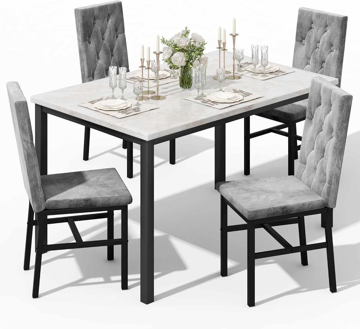 Baxluxe Dining Table Set for 4, Space Saving Rectangle Dining Table with 4 Velvet Dining Chairs, Faux Marble Kitchen Table and Chairs Set, Modern Dining Room Set for Kitchen, Pub, Beige+Gray