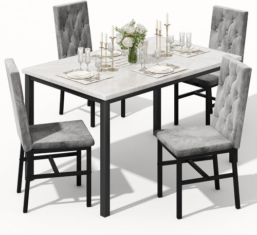 Baxluxe Dining Table Set for 4, Space Saving Rectangle Dining Table with 4 Velvet Dining Chairs, Faux Marble Kitchen Table and Chairs Set, Modern Dining Room Set for Kitchen, Pub, Beige+Gray