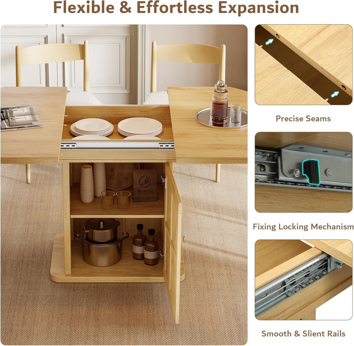iPormis Extendable Round Dining Table for 4-6, 59'' Modern Kitchen Table with 2-Tier Storage Shelf, Wood Door, MDF Board, Space Saving Oval Dinner with Sturdy Pedestal Base, Kitchen, Dining,Walnut