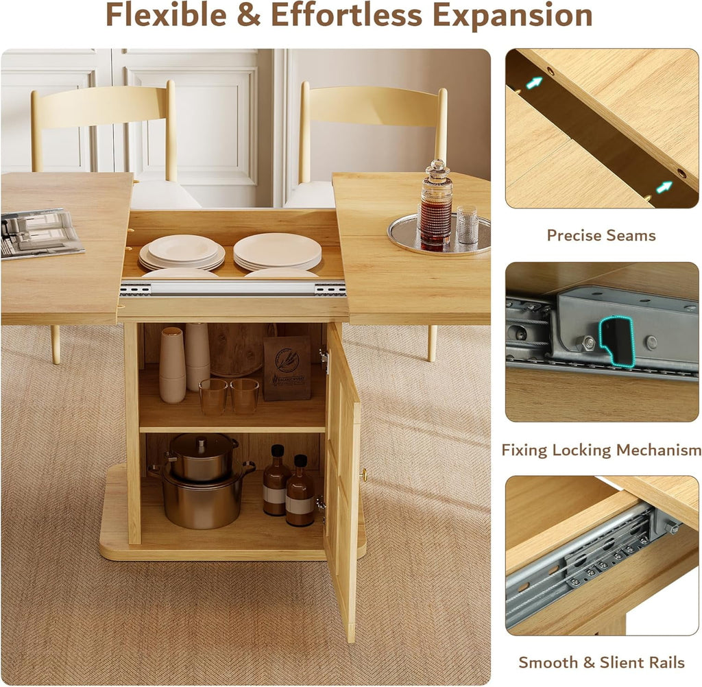 iPormis Extendable Round Dining Table for 4-6, 59'' Modern Kitchen Table with 2-Tier Storage Shelf, Wood Door, MDF Board, Space Saving Oval Dinner with Sturdy Pedestal Base, Kitchen, Dining, Natural