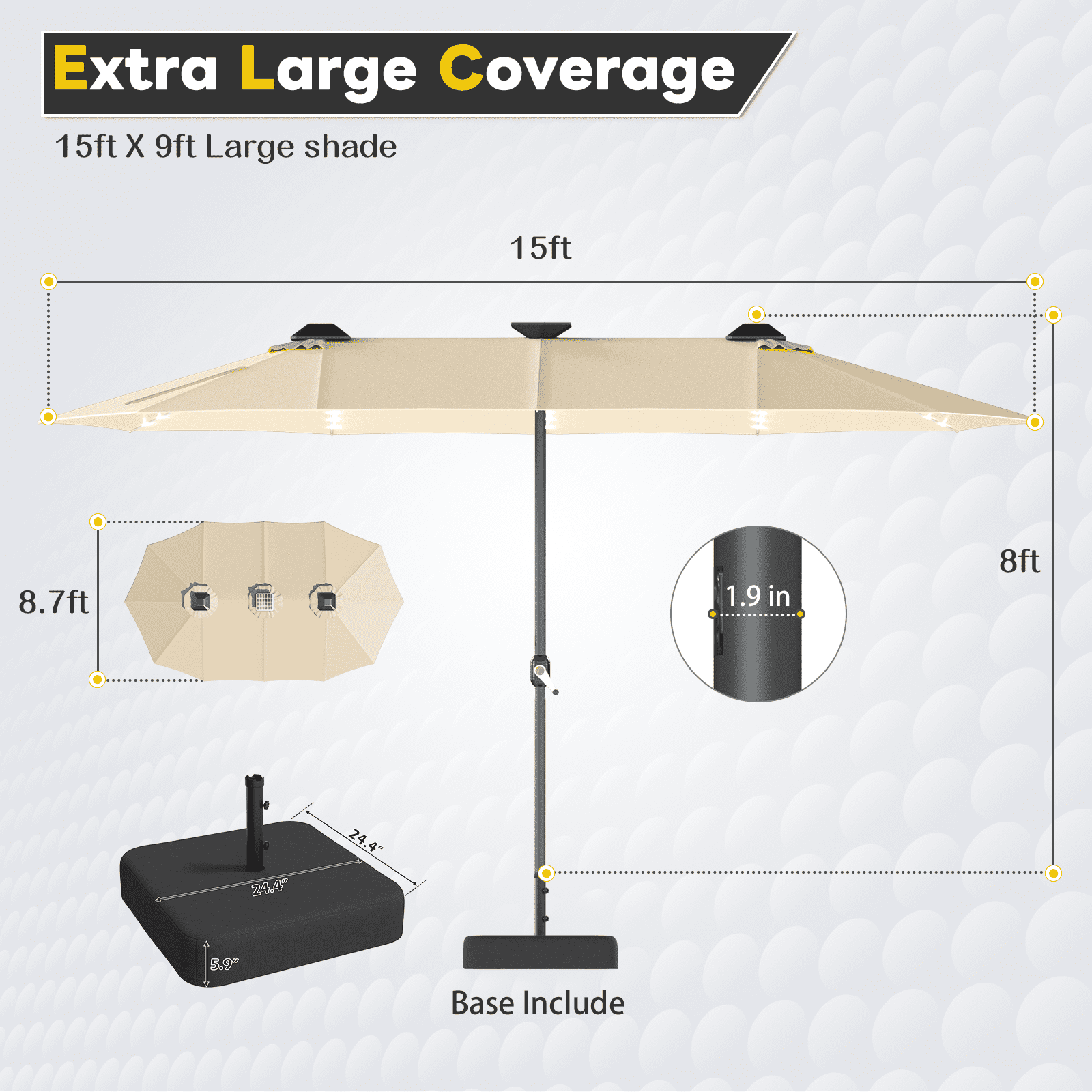 AECOJOY 10x10ft Outdoor Cantilever Patio Umbrella with Base, 360° Tilt & Rotate, Beige