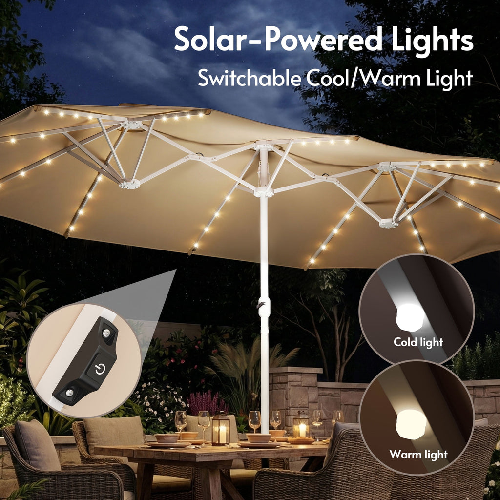 LAZZO 15ft Large Patio Umbrella with Base and Lights, Double-Sided Rectangular Outdoor Deck Umbrella, Tiki Style