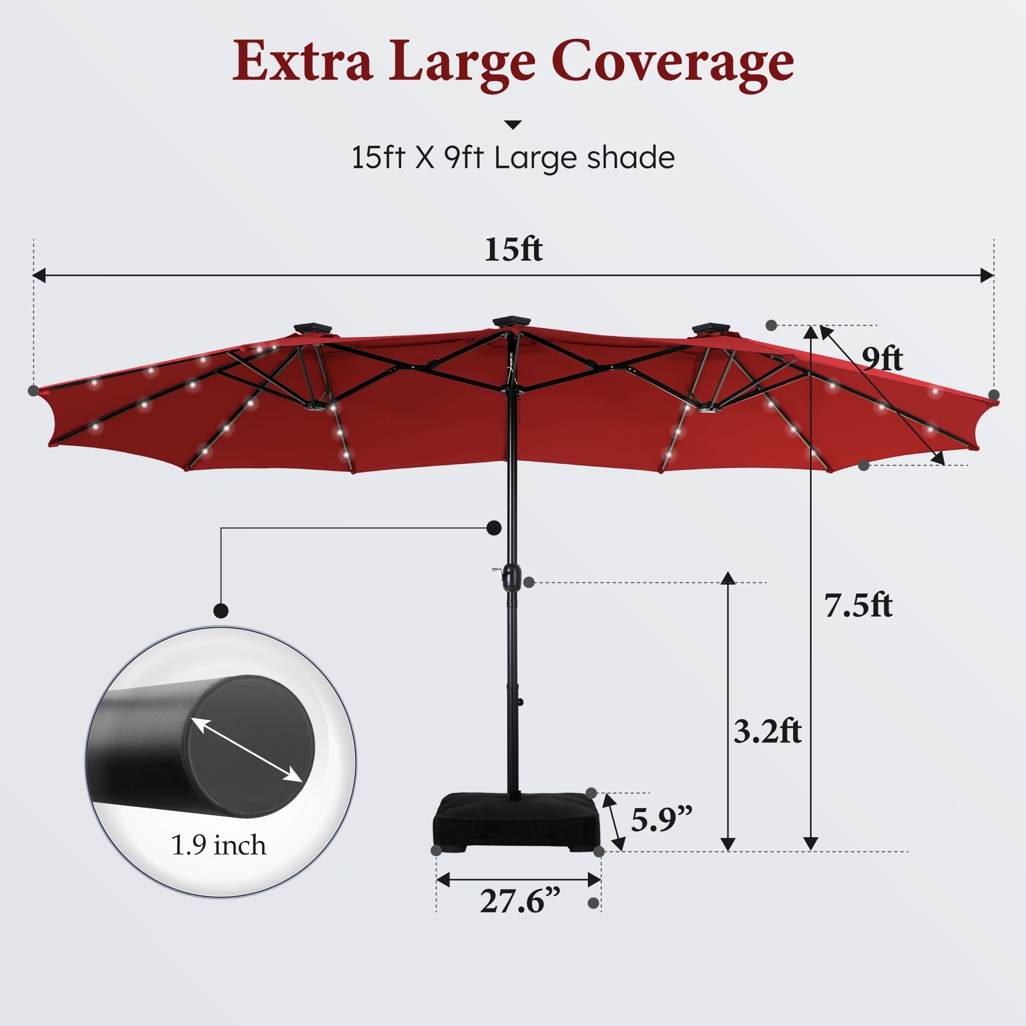 SUMMIT LIVING 15ft Double-Sided Solar Patio Umbrella with Base (Included) Large Outdoor Umbrella with Solar Lights - Beige