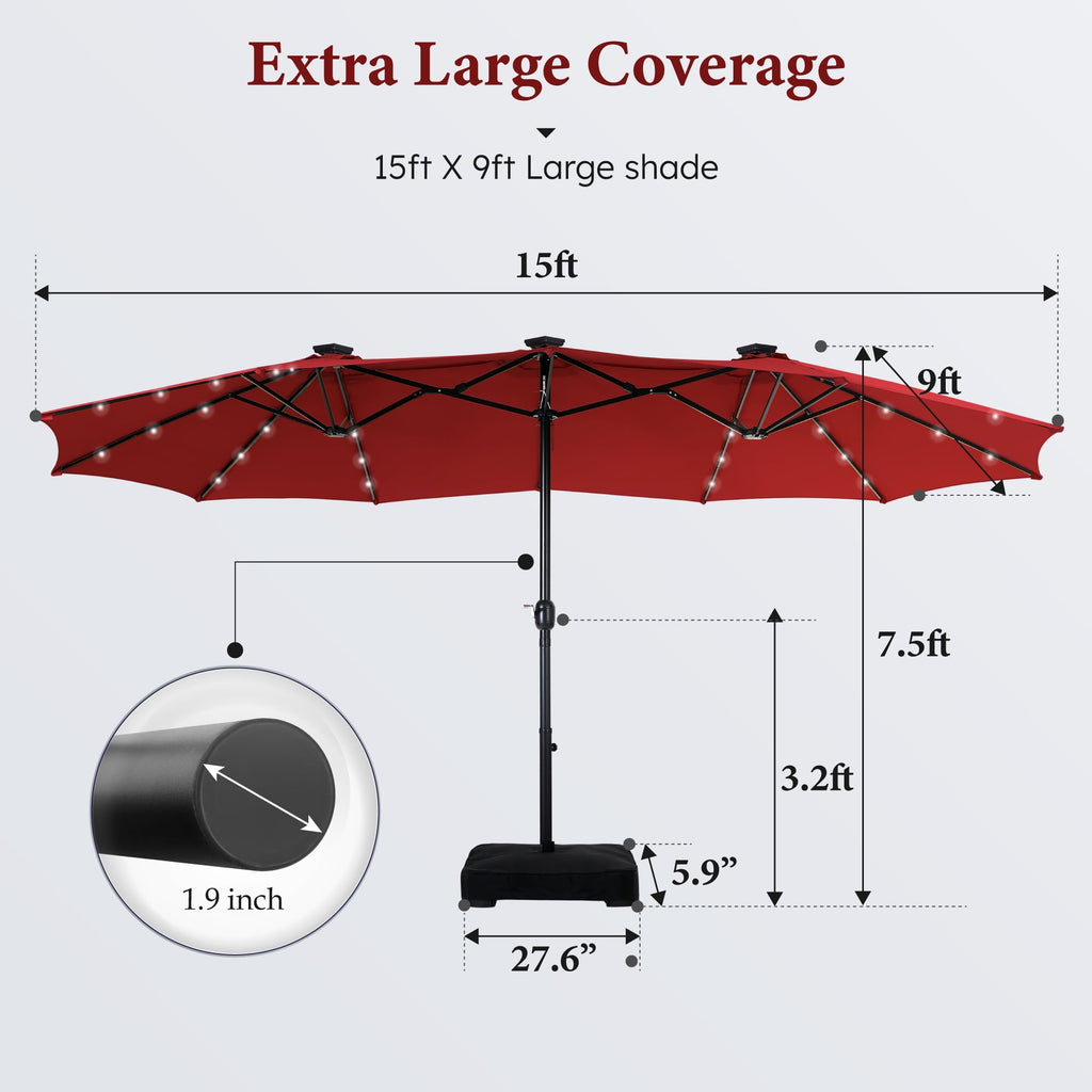 SUMMIT LIVING 15 FT Double-Sided Solar Patio Umbrella with Base Large Outdoor Umbrella with LED Solar Lights - Haze Blue