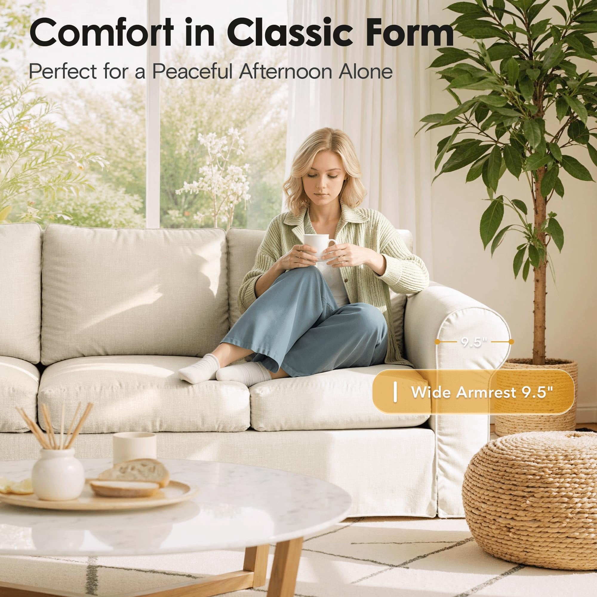 Vorthio 3-Seater Farmhouse Sofa, Deep Seat Couch with High Back Support, Removable Washable Cover, Grey