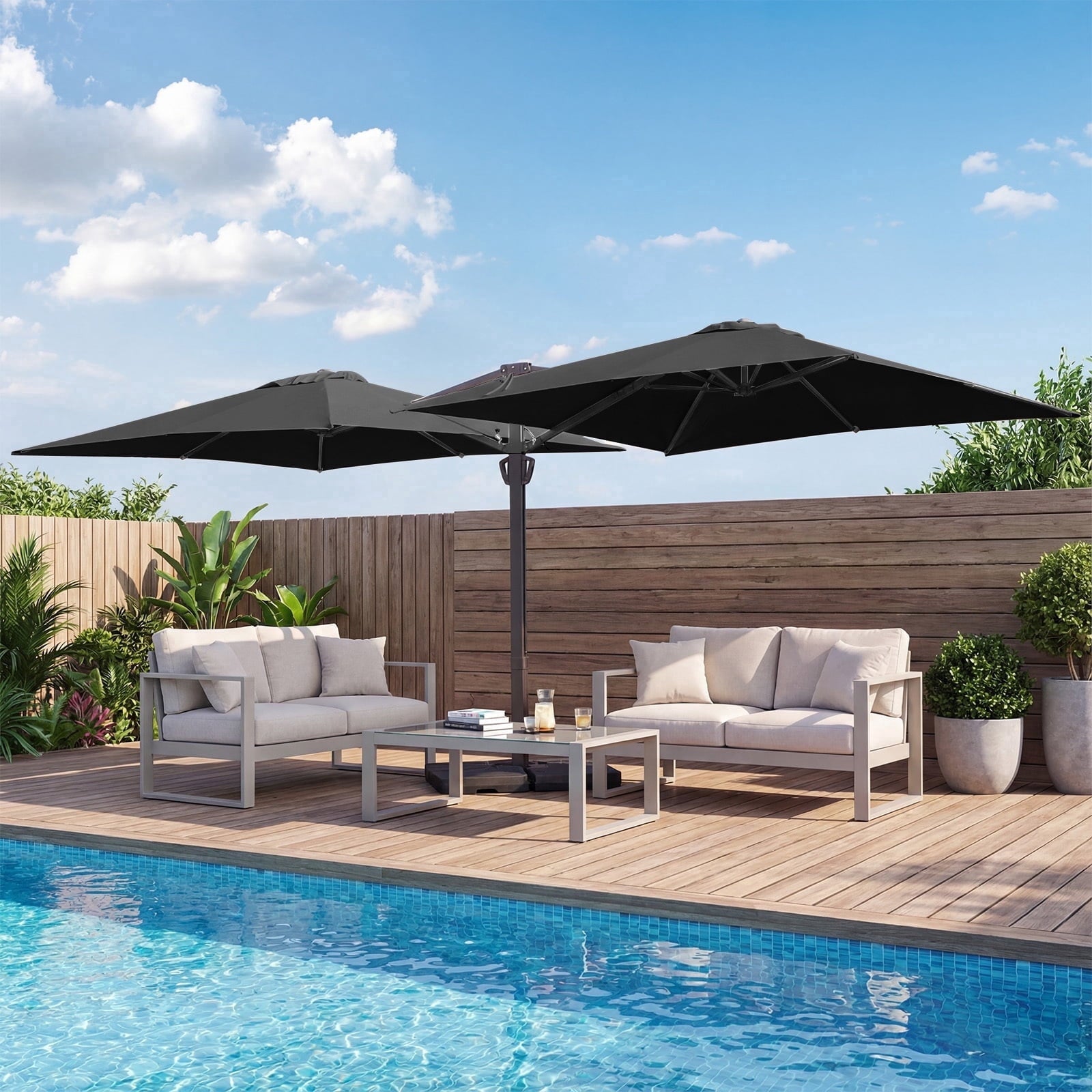 FUNDAZE 10x10ft Double Canopy Cantilever Umbrella, Patio Outdoor with Base & Cover, Waterproof UV Resistant for Garden Poolside Shade, Beige