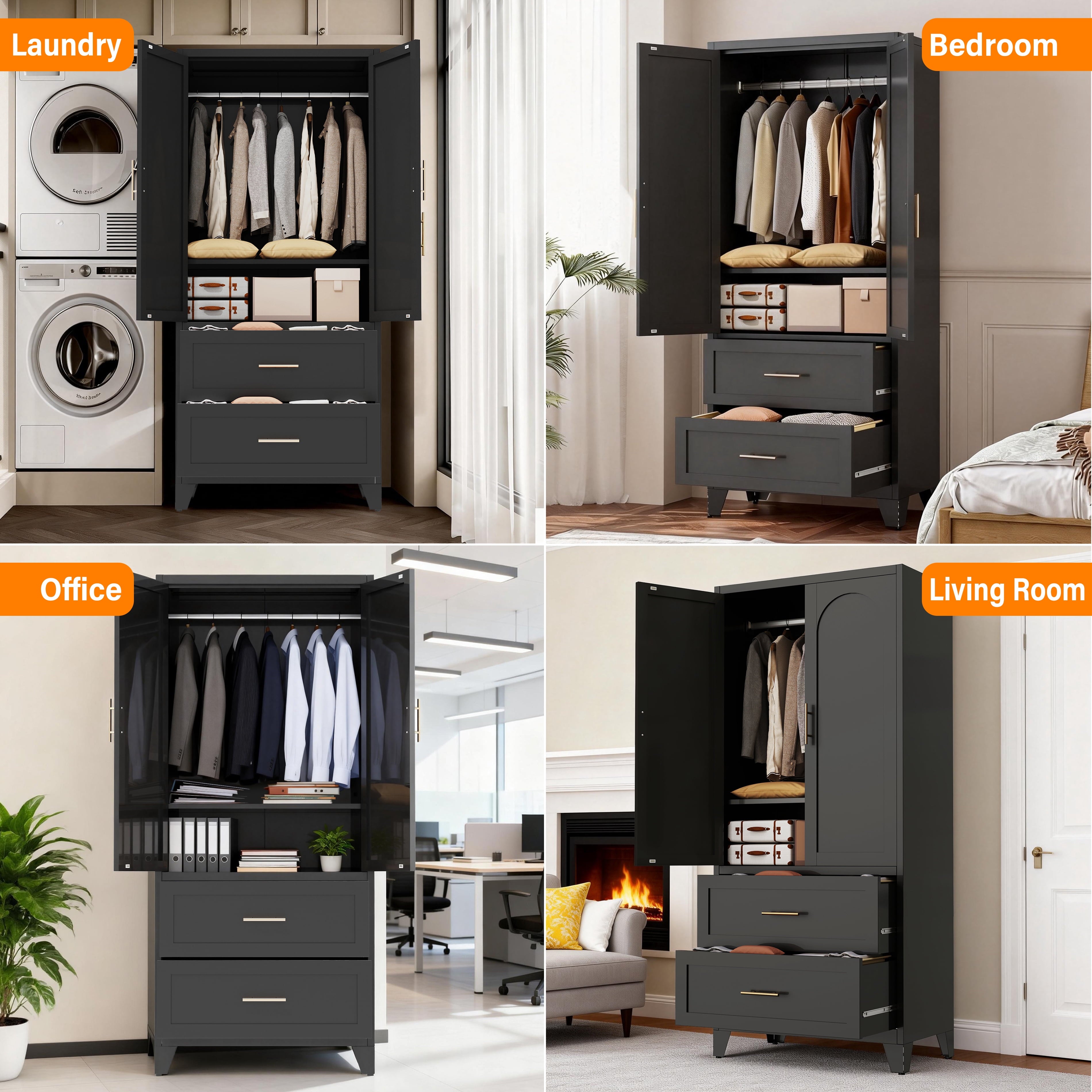 avobird 60 Tall Metal Wardrobe Cabinet with 1 Drawer and Hanging Rod, 2 Doors Wardrobe Closet with Shelf for Bedroom, Beige