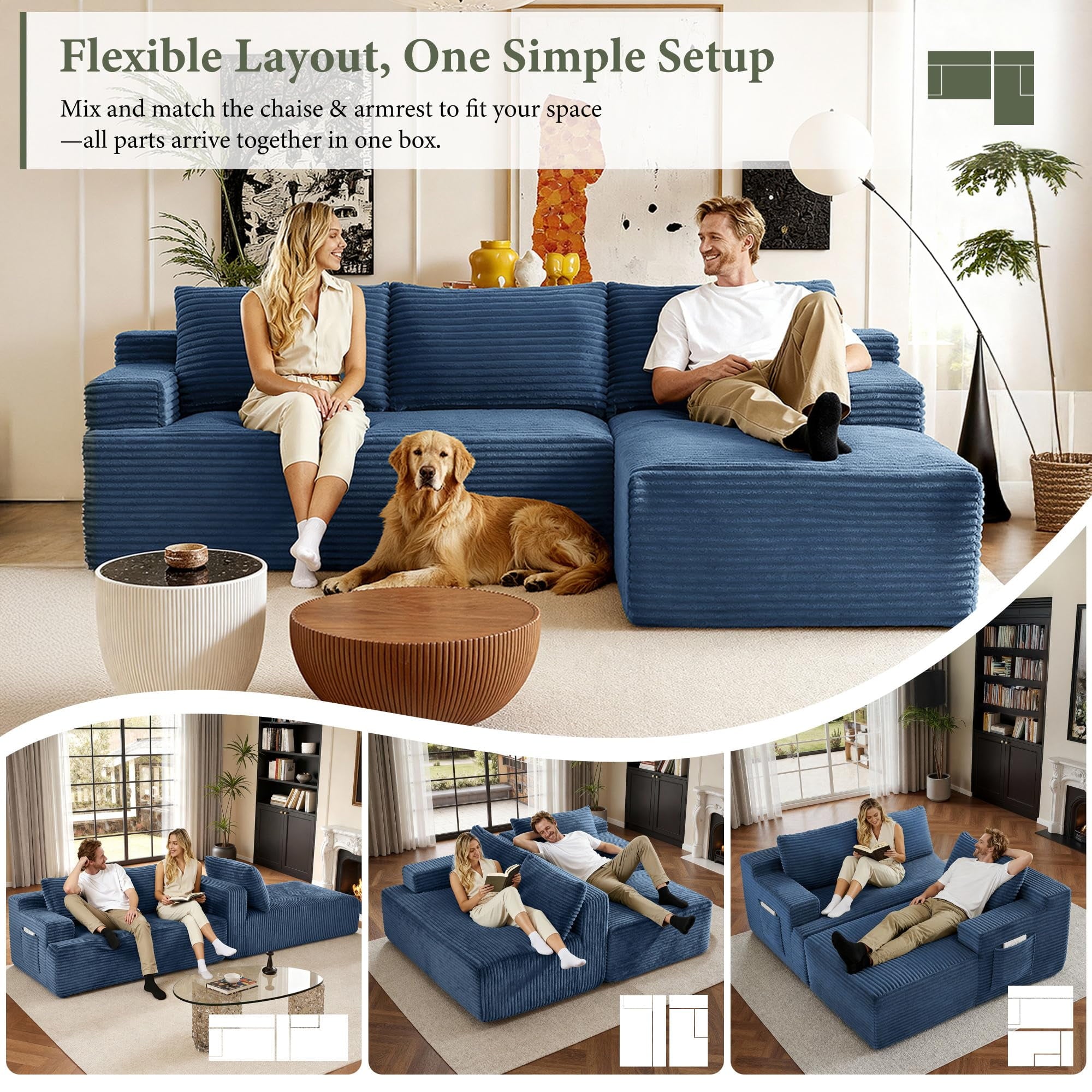 96 L-Shaped Sectional Couches for Living Room, Modular Cloud Couch with Chaise, Corduroy Deep Seat Boneless Sofa, No Assembly, Black
