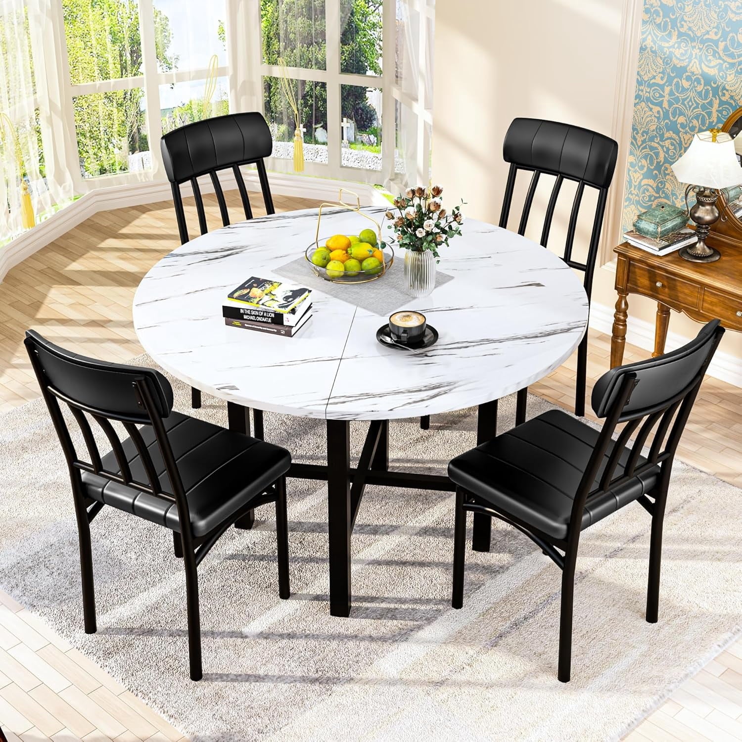 MIERES Round Dining Table Set for 4,Wood Round Kitchen Table and Chairs Set for 4,Modern Dining Room Table Set with 4 Faux Leather Chairs,Round Dinner Table for Small Space Gray