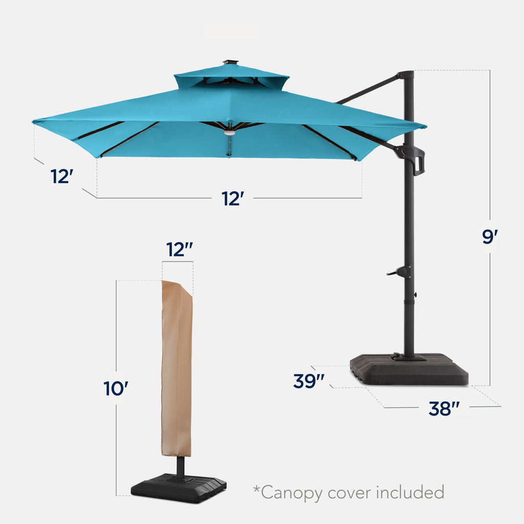 Best Choice Products 12x12ft 2-Tier Square Outdoor Solar LED Cantilever Umbrella w/ 360-Rotating Base   Gray