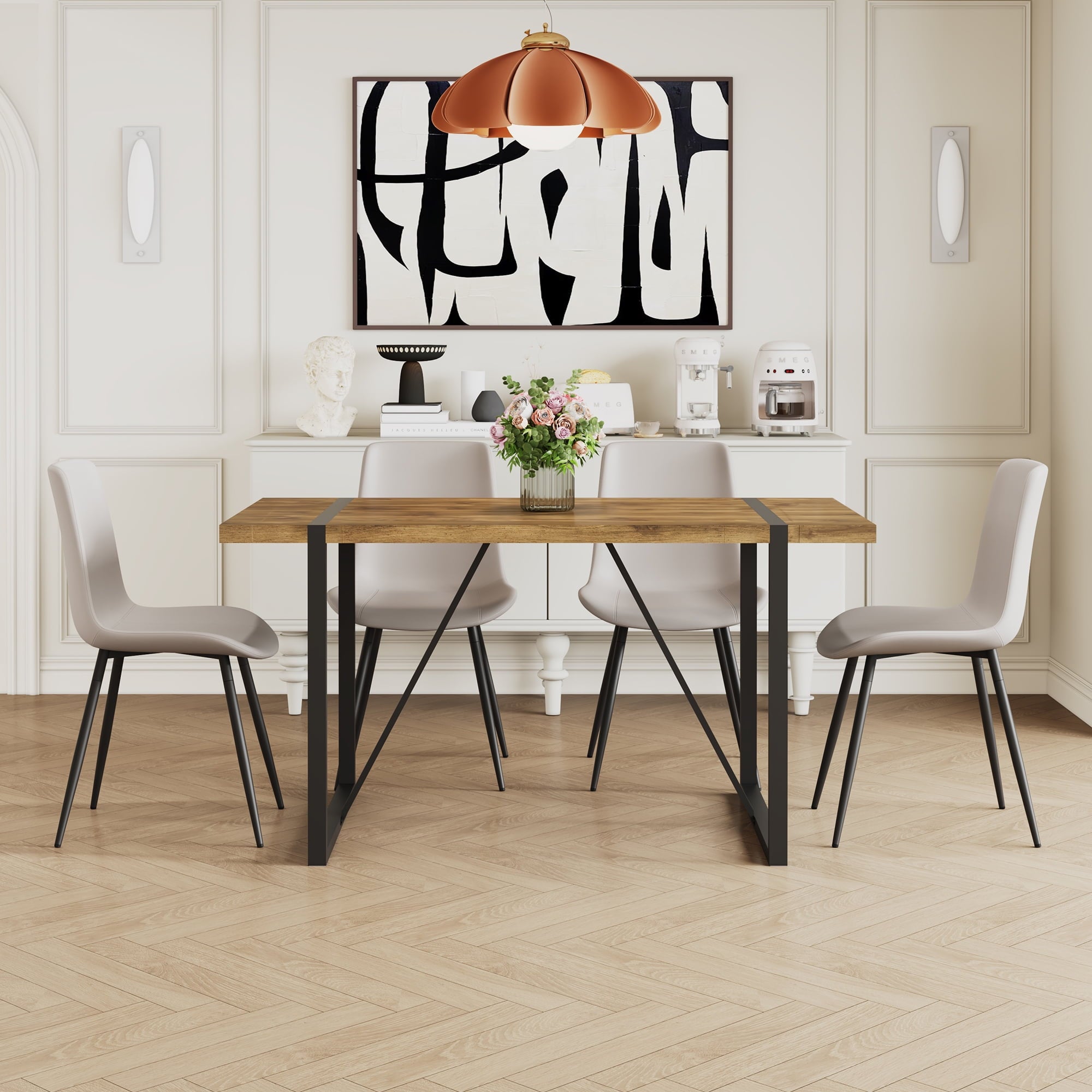 JUFU 55 Dining Table Set for 4, Modern Table and Chairs Set of 4, 5 Piece Dining Table Set Include Wooden Kitchen Table and 4 Faux Leather Chairs Ideal for Kitchen Dining Room Easy to Assemble