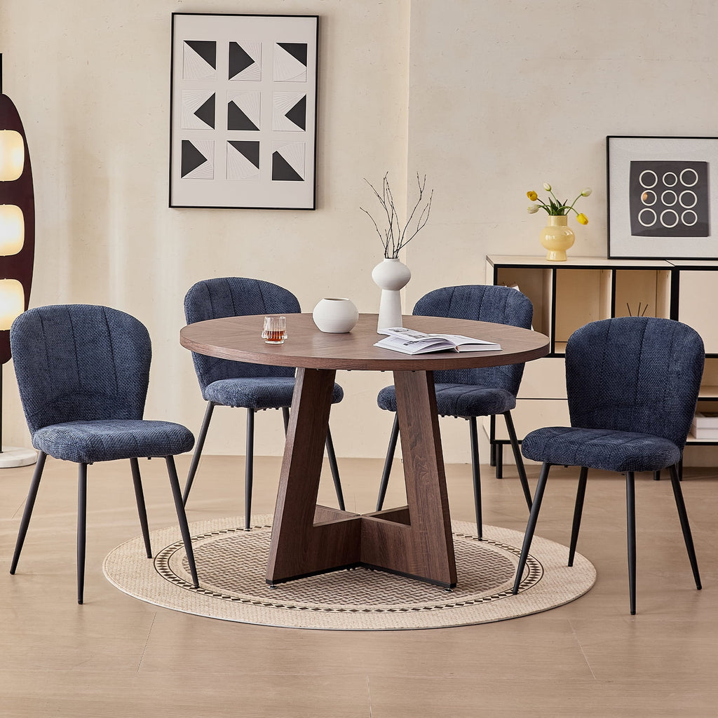 5 Piece 47'' Round Dining Table Chairs Set for 4, Farmhouse Oak Kitchen Table with 4 Boucle Mid Century Modern Dinning Room Chairs, Wood Dinner Table &Upholstered Chair Set of 4, Beige