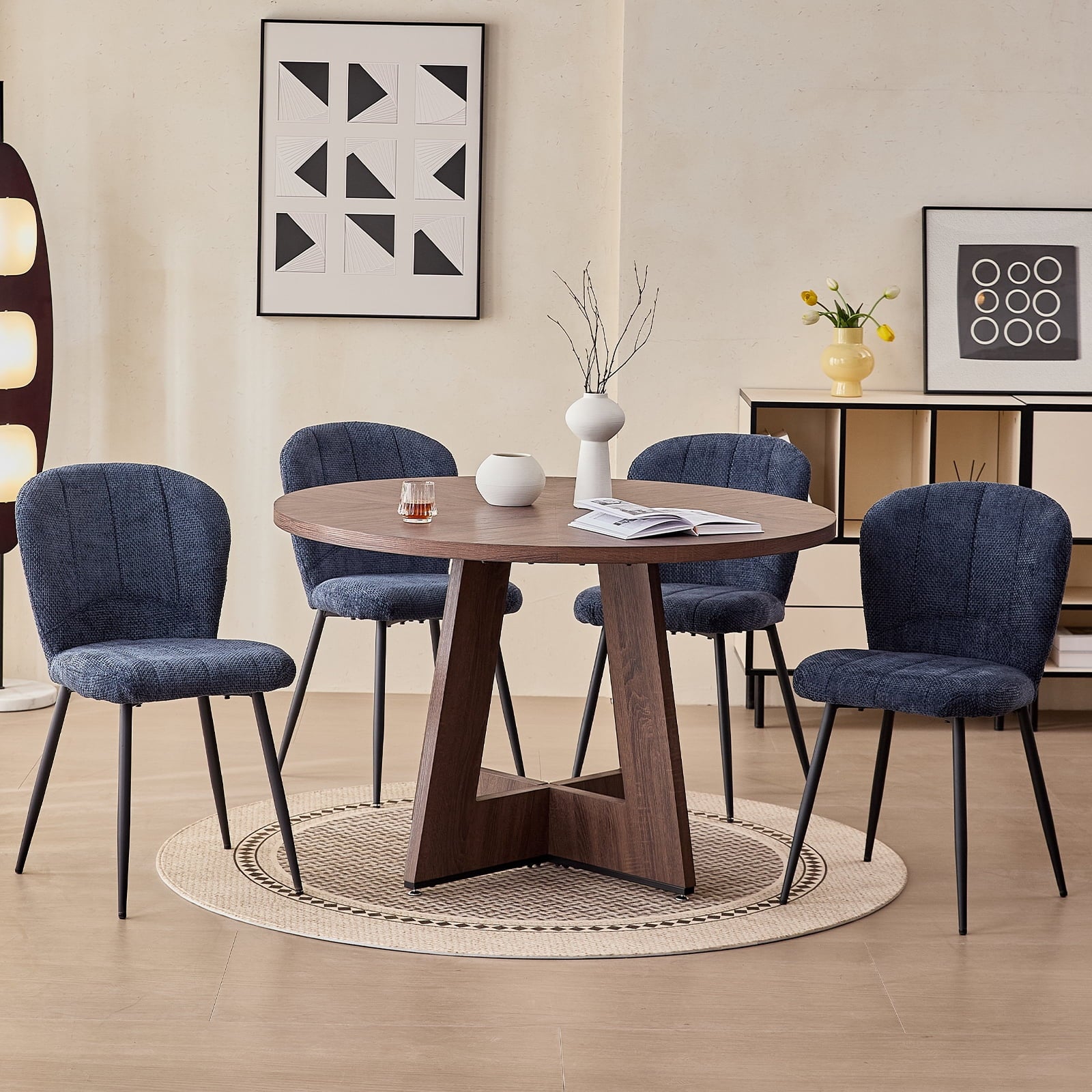 5 Piece 47'' Round Dining Table Chairs Set for 4, Farmhouse Oak Kitchen Table with 4 Boucle Mid Century Modern Dinning Room Chairs, Wood Dinner Table &Upholstered Chair Set of 4, Beige