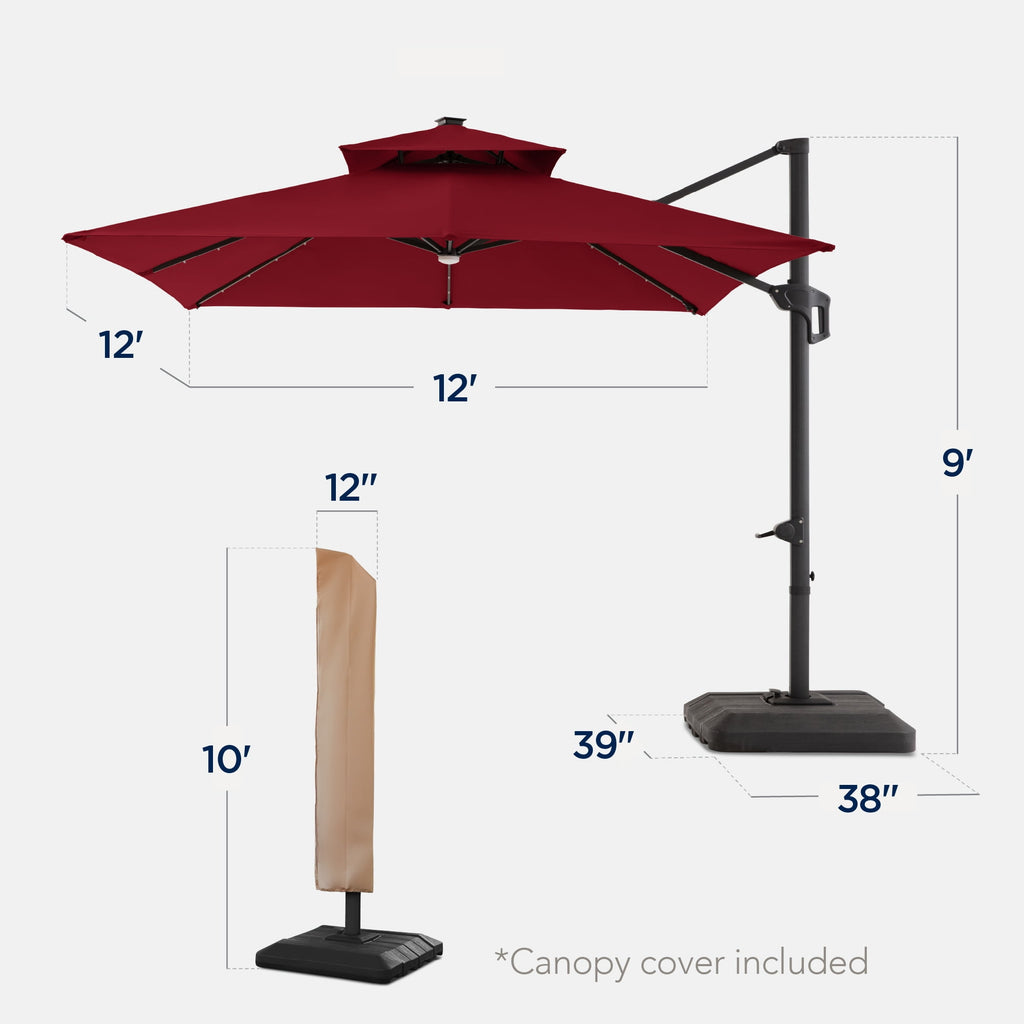 Best Choice Products 12x12ft 2-Tier Square Outdoor Solar LED Cantilever Umbrella w/ 360-Rotating Base   Gray