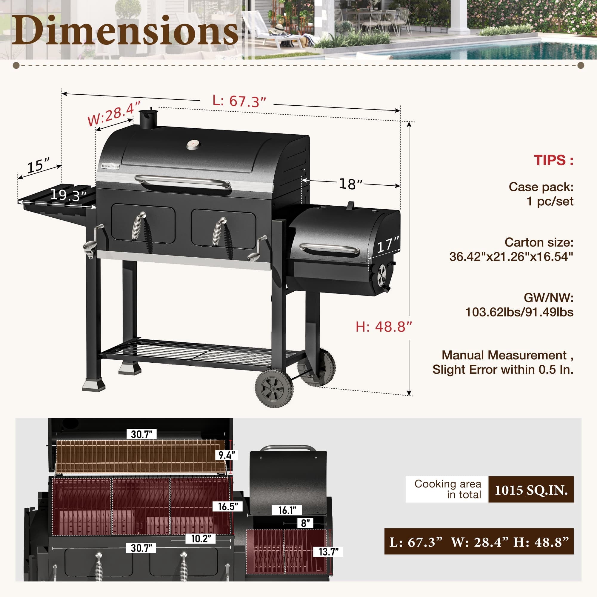 MF Studio Charcoal Grill with Offset Smoker 1015 sq in Extra Large Charcoal BBQ Grill for Outdoor Cooking