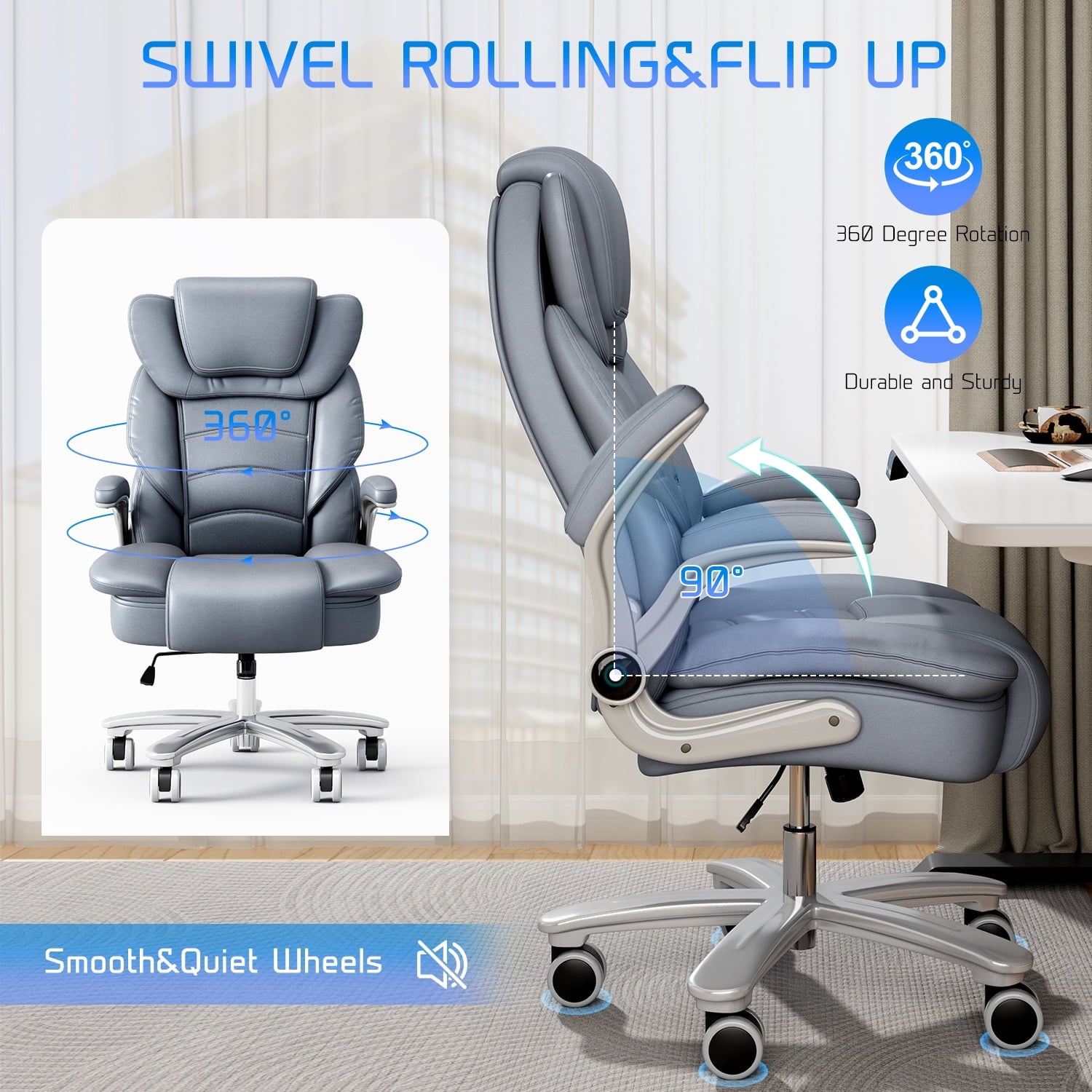 Ninecer Big and Tall Office Chair 400lb Wide Seat, Ergonomic High Back Leather Executive Desk Chair, Computer Chair with Flip-up Arms, Black
