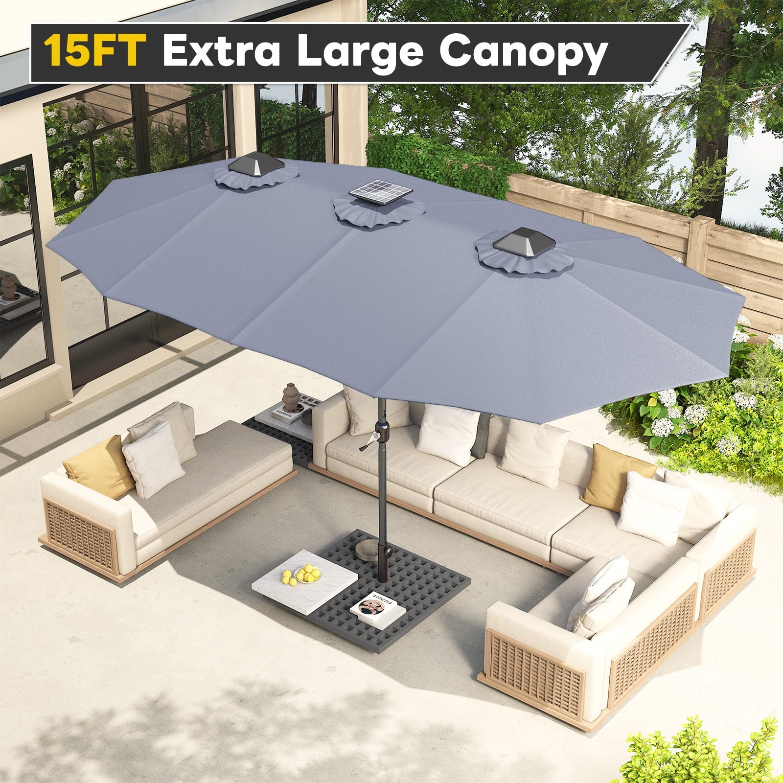 AECOJOY 10x10ft Outdoor Cantilever Patio Umbrella with Base, 360° Tilt & Rotate, Beige