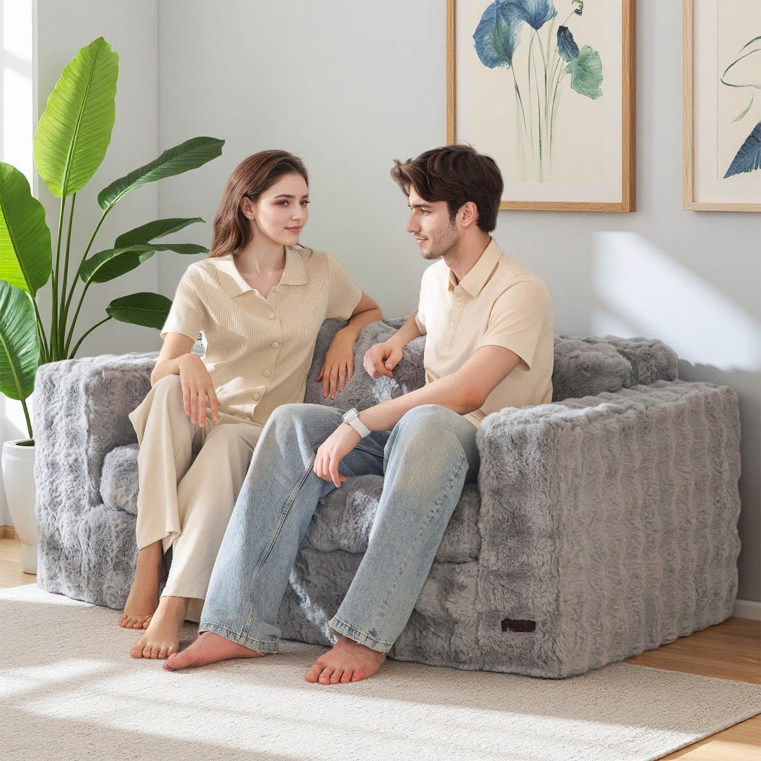 GOODONE Bean Bag Chair Sofa,Giant Loveseat Bubbled Boneless Couch,Modern Soft Comfy Plush Lazy Sofa for Living Room and Apartments,No Assembly Required,Beige