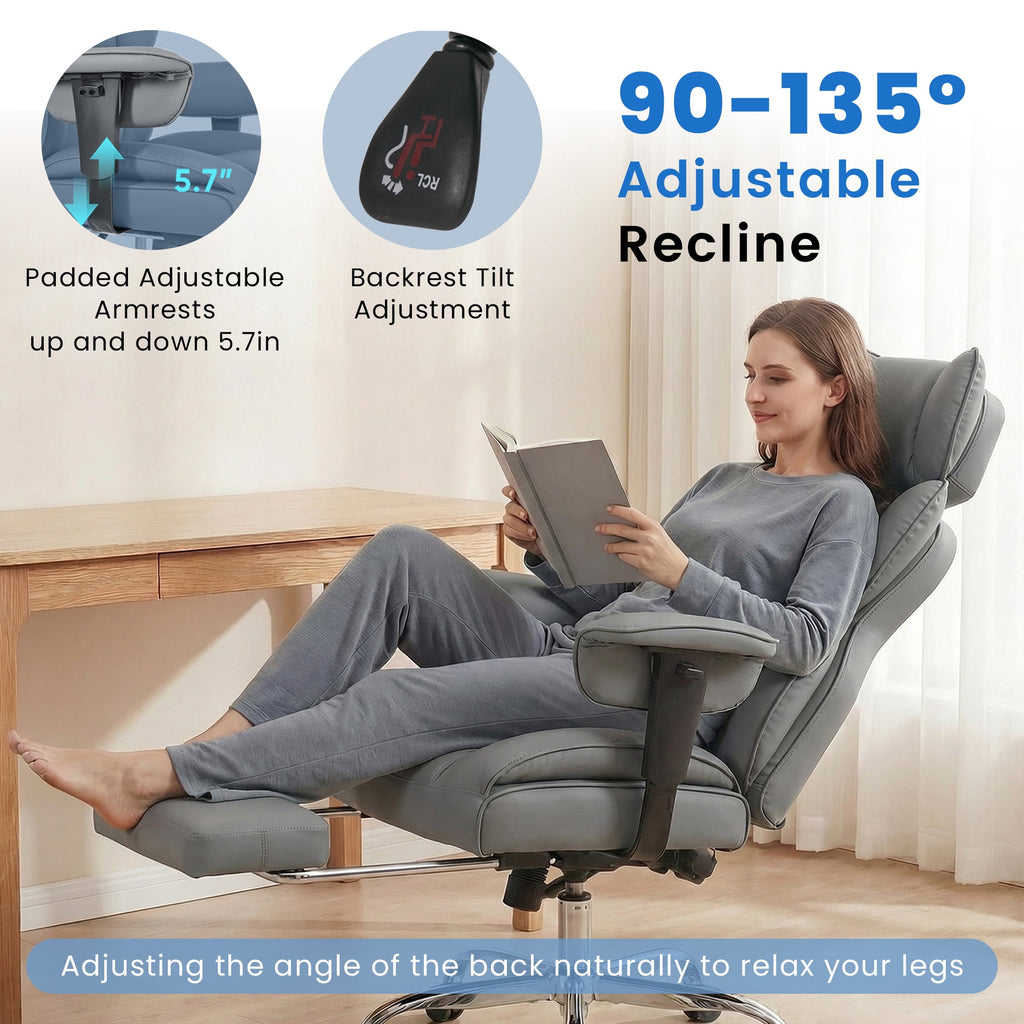 edx Executive Home Office Desk Chair, Ergonomic Big Tall High Back with Footrest & Lumbar Support, Reclining Comfy PU Leather Computer Gaming Chair with Swivel Wheels, Height Adjustable, Black