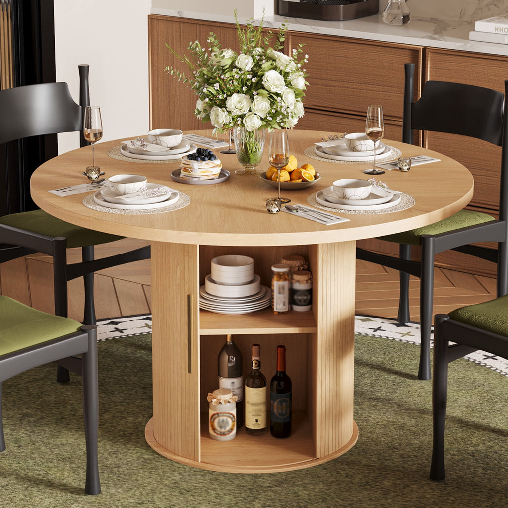 Ktaxon Mid-Century Round Dining Table for 4, 47 Modern Dining Room Table with 2-Tier Storage for Kitchen, Dining Room, Home, Oak