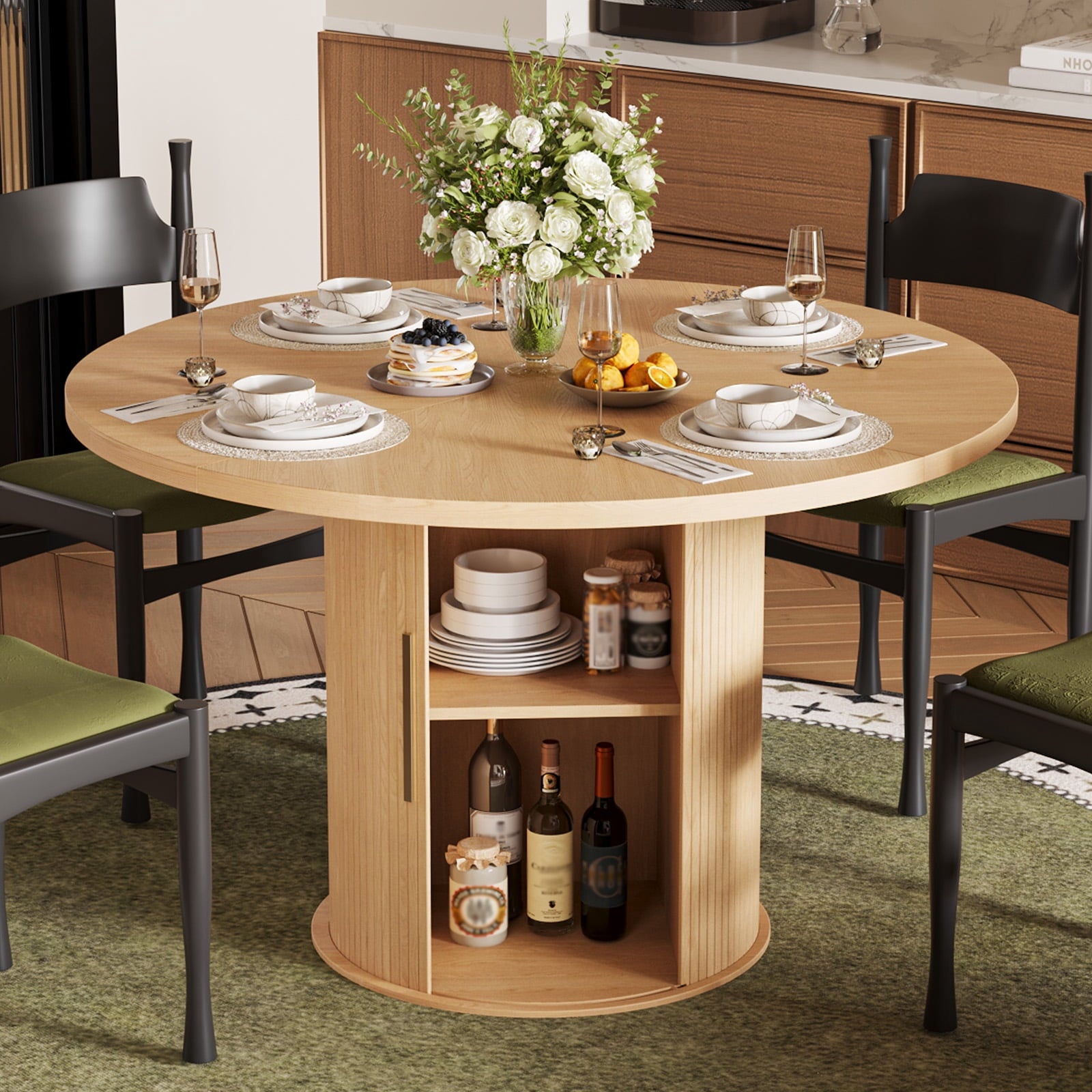Ktaxon Mid-Century Round Dining Table for 4, 47 Modern Dining Room Table with 2-Tier Storage for Kitchen, Dining Room, Home, Oak