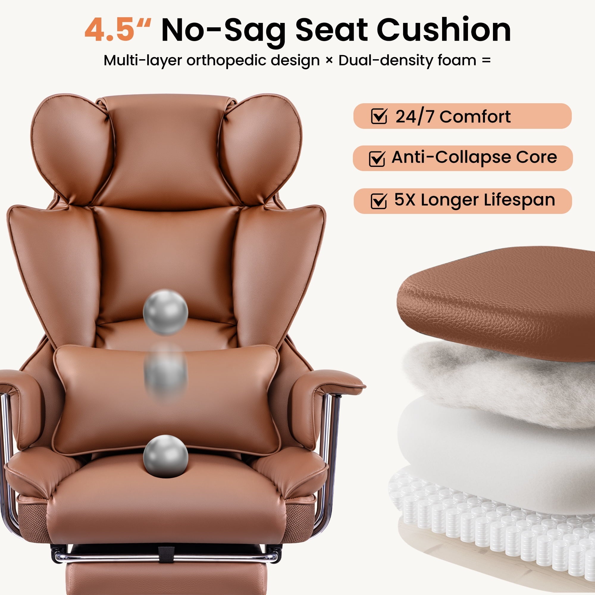 Primy High Back Office Chair, Big and Tall PU Leather Executive Chair with Footrest – Ergonomic Reclining Computer Desk Chair, High-Density Foam, Heavy Duty Swivel Rolling Chair, Black