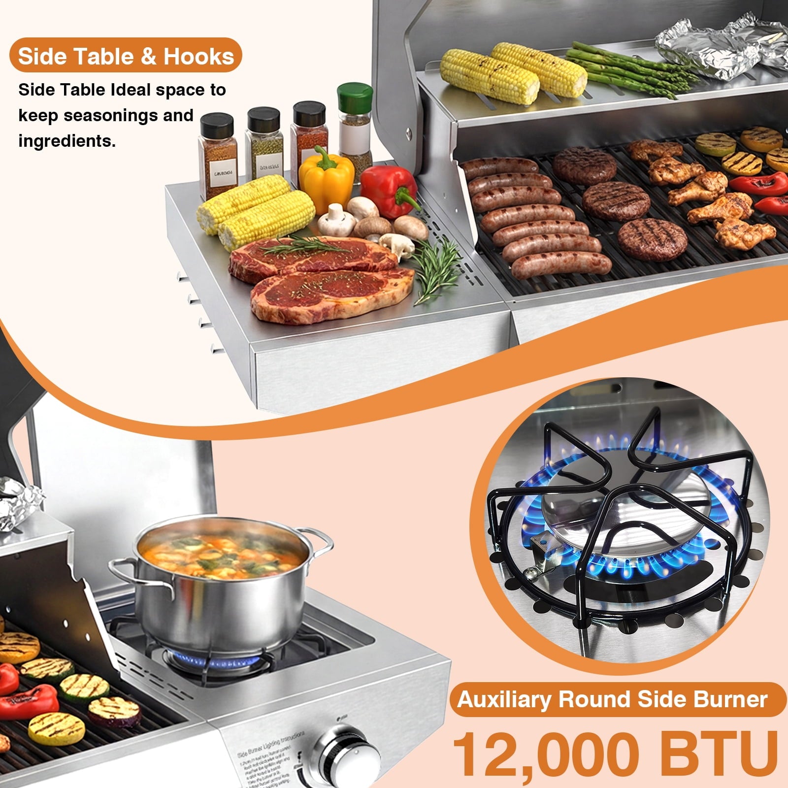 SIXDAY 68,000 BTU 5-Burner Propane Gas Grill with Side Burner, 647 sq.in Cooking Area, Stainless Steel BBQ Grill with Warming Rack and Food Clip