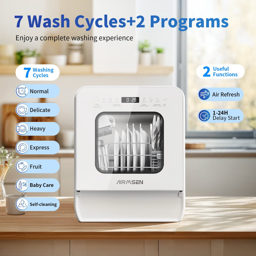 AIRMSEN 5-Place Settings Portable Countertop Dishwasher with 5L Built-in Water Tank, Ultra-Slim Dishwasher Upgrade 3 Spray Arms, 12H Delay Start and Salt Chamber Function, ZMW-DUHA01
