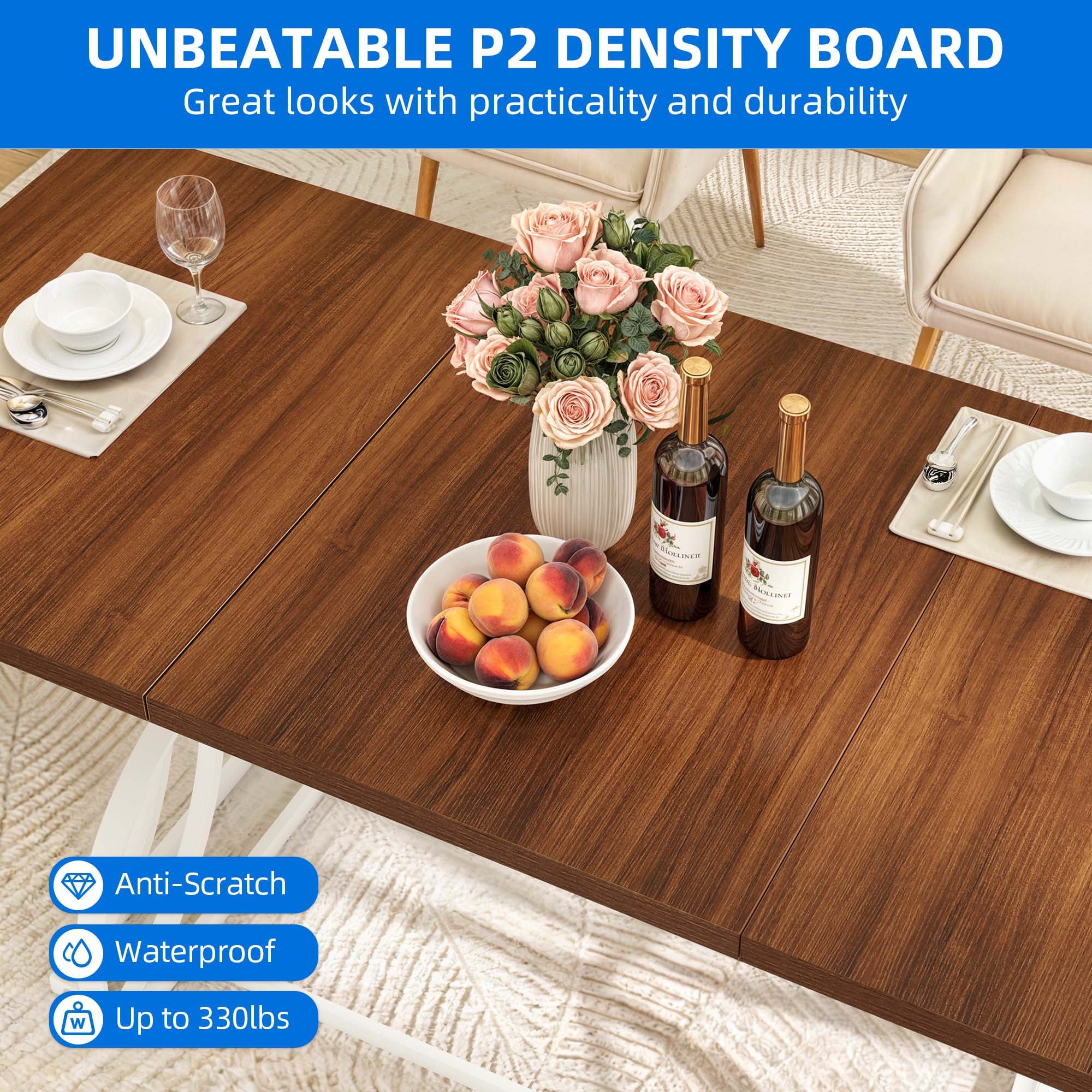 Dextrus 70 Wood Dinner Table for 6-8 Person, Rectangular Kitchen Table with Metal Leg for Gathering, Meeting, Office Kitchen, Dining Living Room, Walnut
