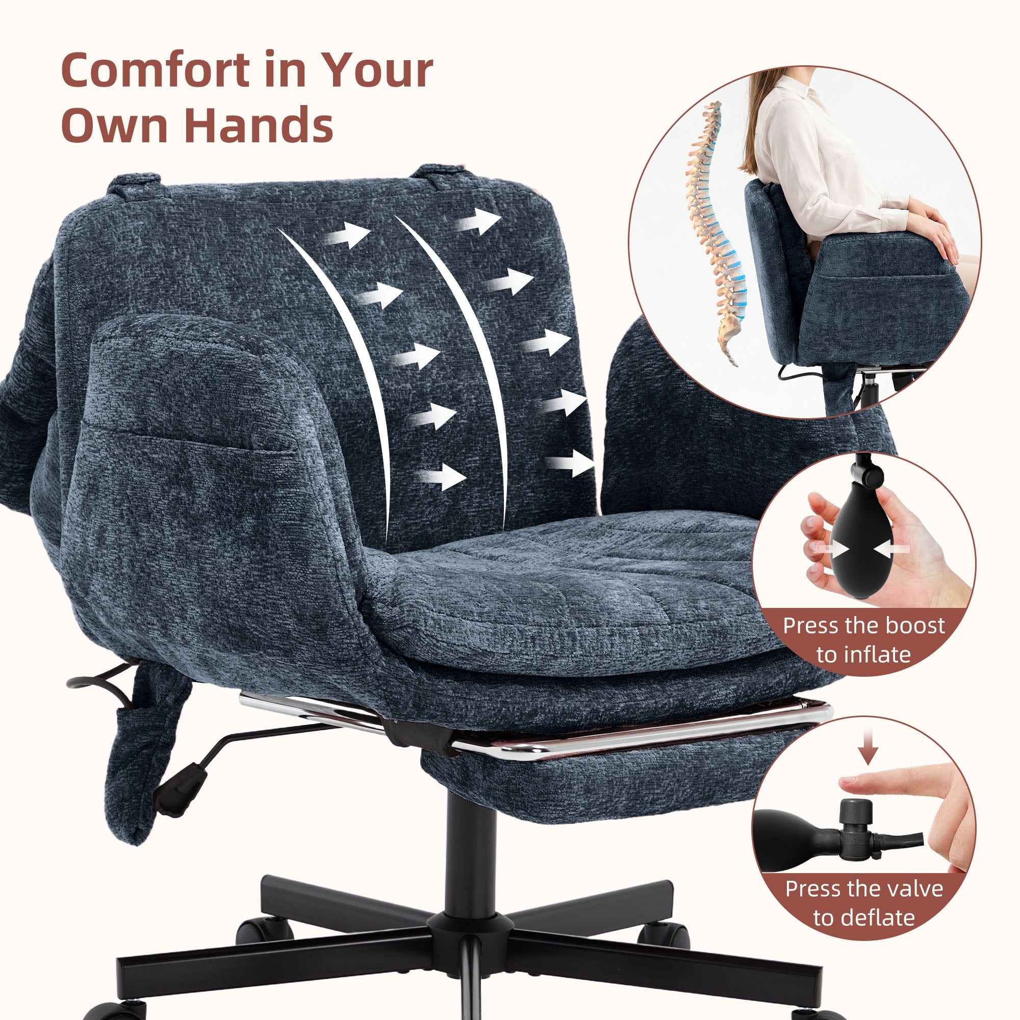 Hforesty Cross Legged Office Chair, Inflatable Flip-up Back & Wide Seat, 5-Position Armrests & Footrest, Ergonomic Task Chair for Home Office, Gray