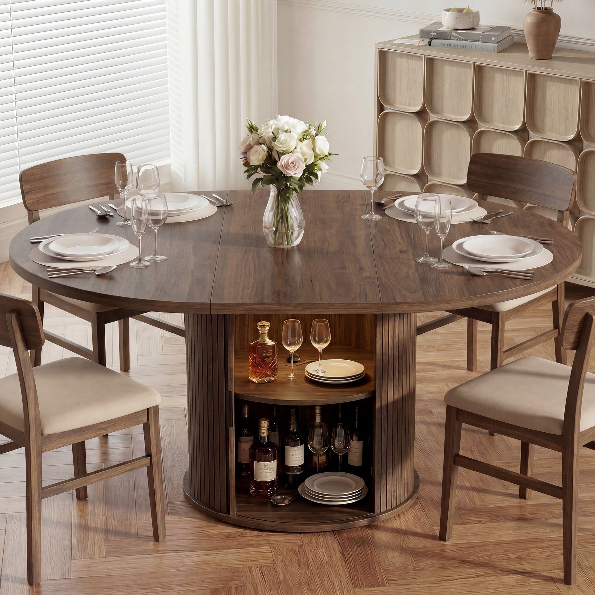 EOP 47″- 63″ Extendable Round Dining Table for 4-6, Wooden Kitchen Table with Hidden Storage and Fluted Sliding Door Cabinet, Modern Space-Saving Table for Dining Room Kitchen, Walnut