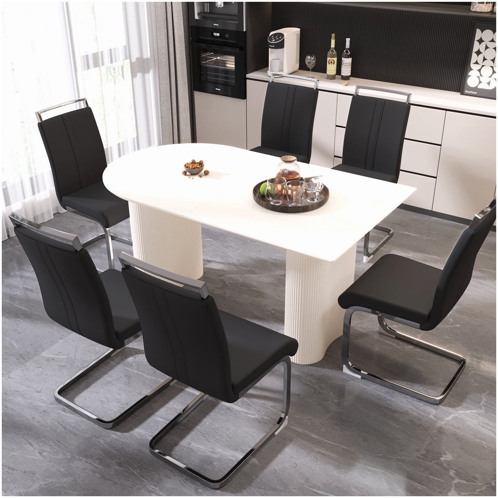 Modern Farmhouse Dining Set, 7-PC Cream Table & Black PU Chair Combo, Silver Metal Base, for Kitchen & Dining Room