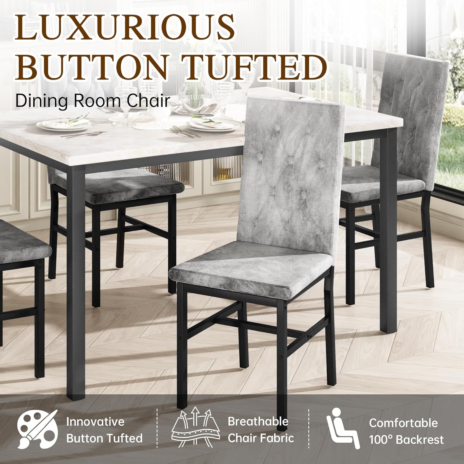 AWQM 5 Piece Dining Table Set, Faux Marble Kitchen Table and Chairs for 4, Dining Room Table Set with 4 PU Leather Chairs, White