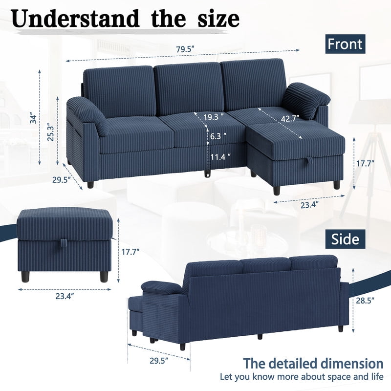 Walsunny 69 Convertible Sectional Sofa Couch with Storage Ottoman,L Shaped Sofa with Removable Pillows & Linen Fabric, Modern 3-Seat Couch with Reversible Storage Chaise,Dark Gray