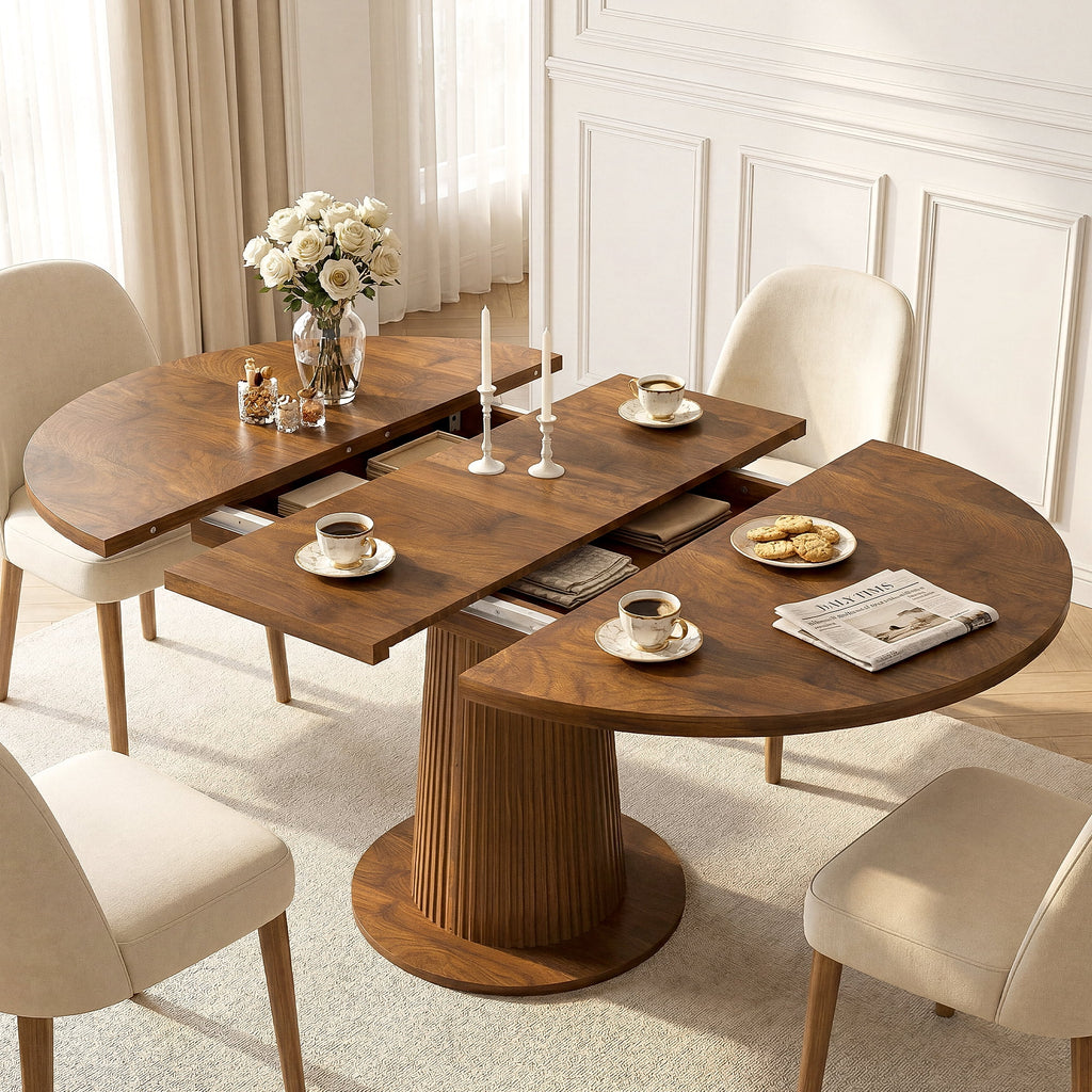 Keenstone Round Dining Table 43-59 Extendable, for 4 to 6, with Storage Space, Kitchen Dinner Room Table for Dining Room and Small Space Walnut