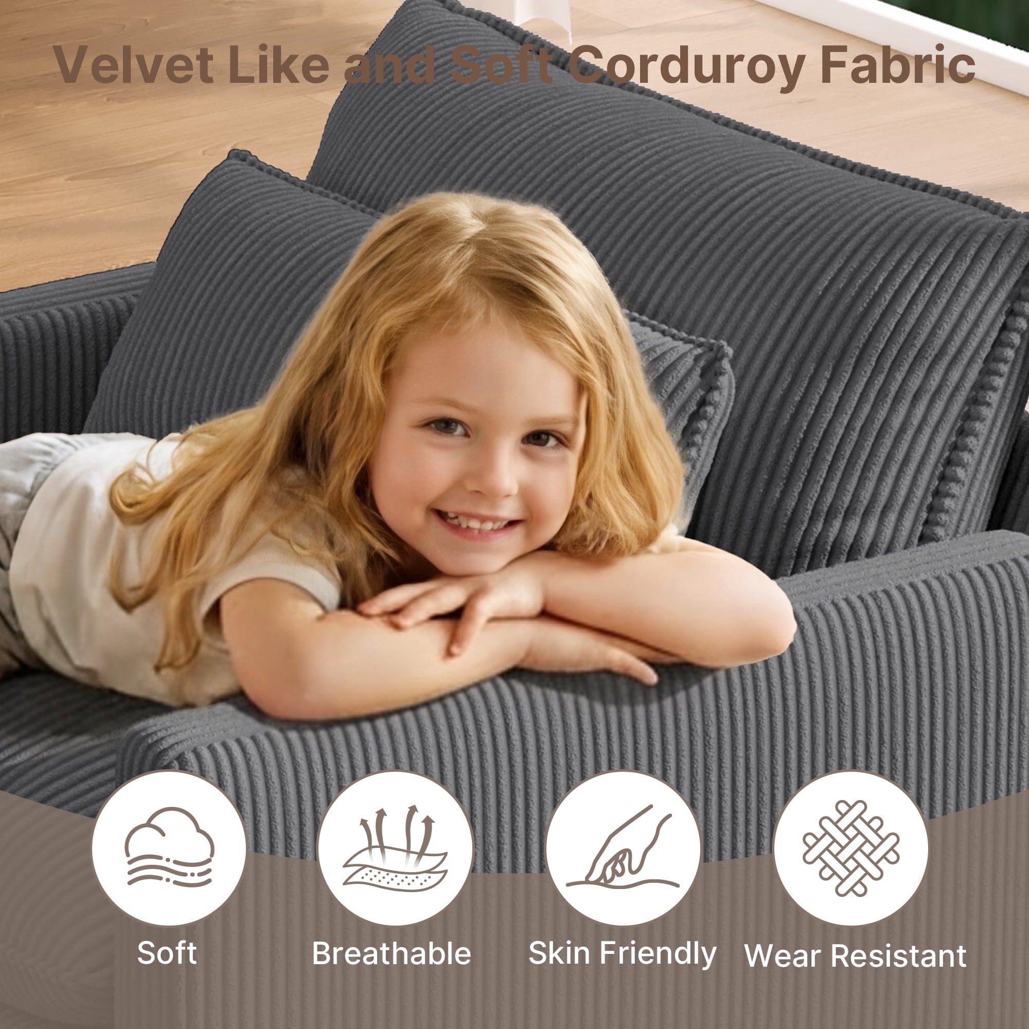 110'' Oversized L Shaped Couch for Living Room, Cloud Couches with Washable Corduroy Cover, Modern 4-Seater Comfy Deep-Seat Sofa with Movable Ottoman and 2 Throw Pillows for Apartment, Gray