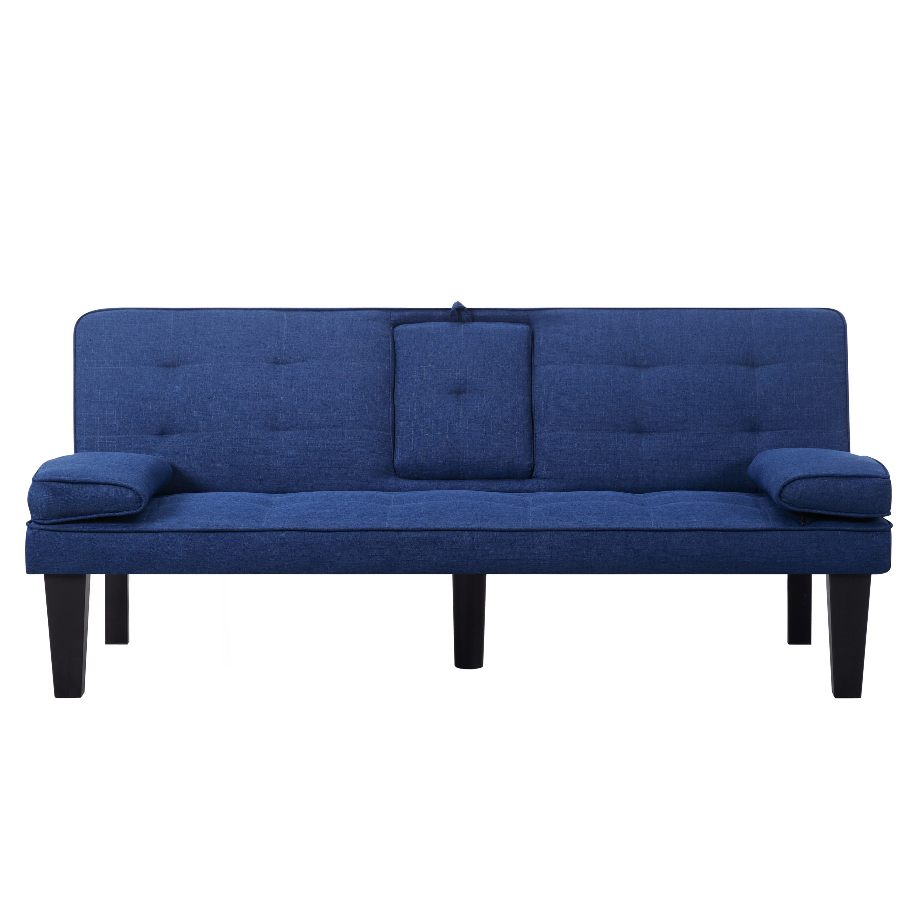 BSHTI 65 Modern Velvet Futon Sofa Bed with Drop Down Cup Holders, 3-Position Adjustable Backrest, Removable Arm Cushions, Chrome Legs for Living Room & Guest Room Black