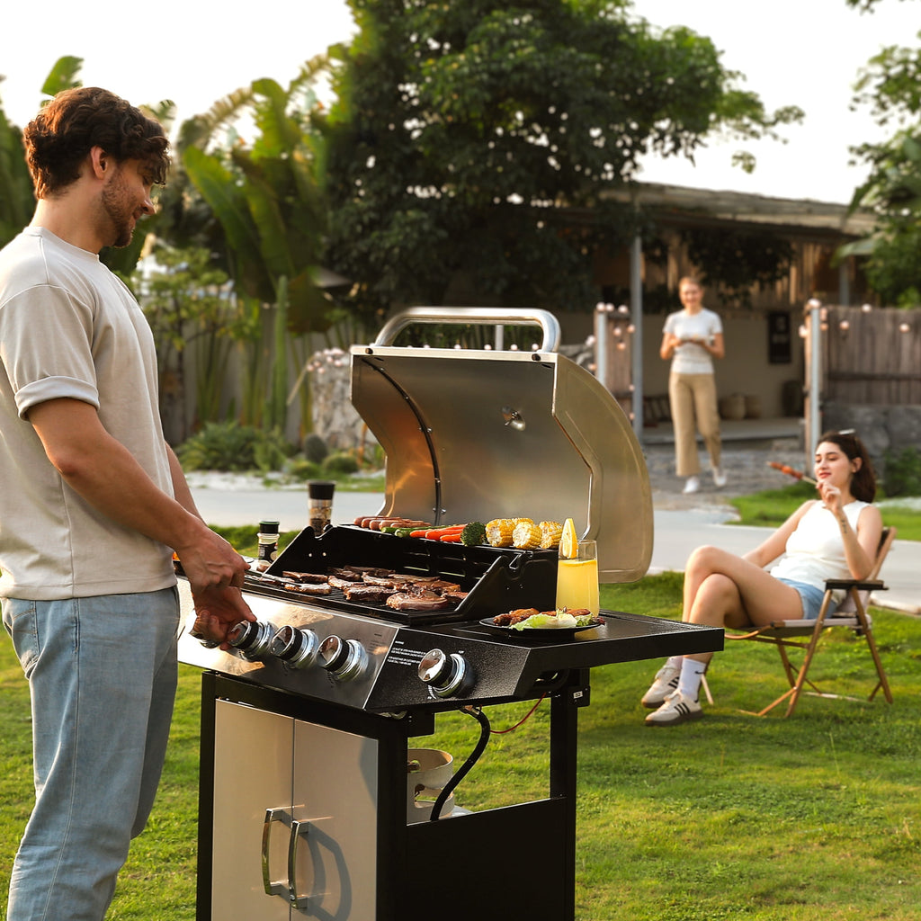 MASTER COOK 4+1 Burners Propane Gas Grill, 52,000 BTU Cabinet BBQ Grill with Side Stove, 518 Sqin Cooking Area, Stainless Steel