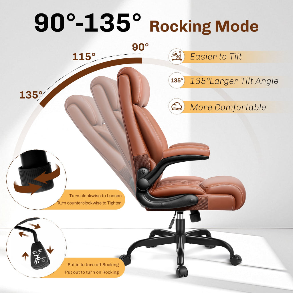 FASTES Executive Office Chair, Ergonomic Desk Chair with Adjustable Armrests, Computer Leather Chair Big and Tall Office Chair with Footrest and Lumbar Support, Brown