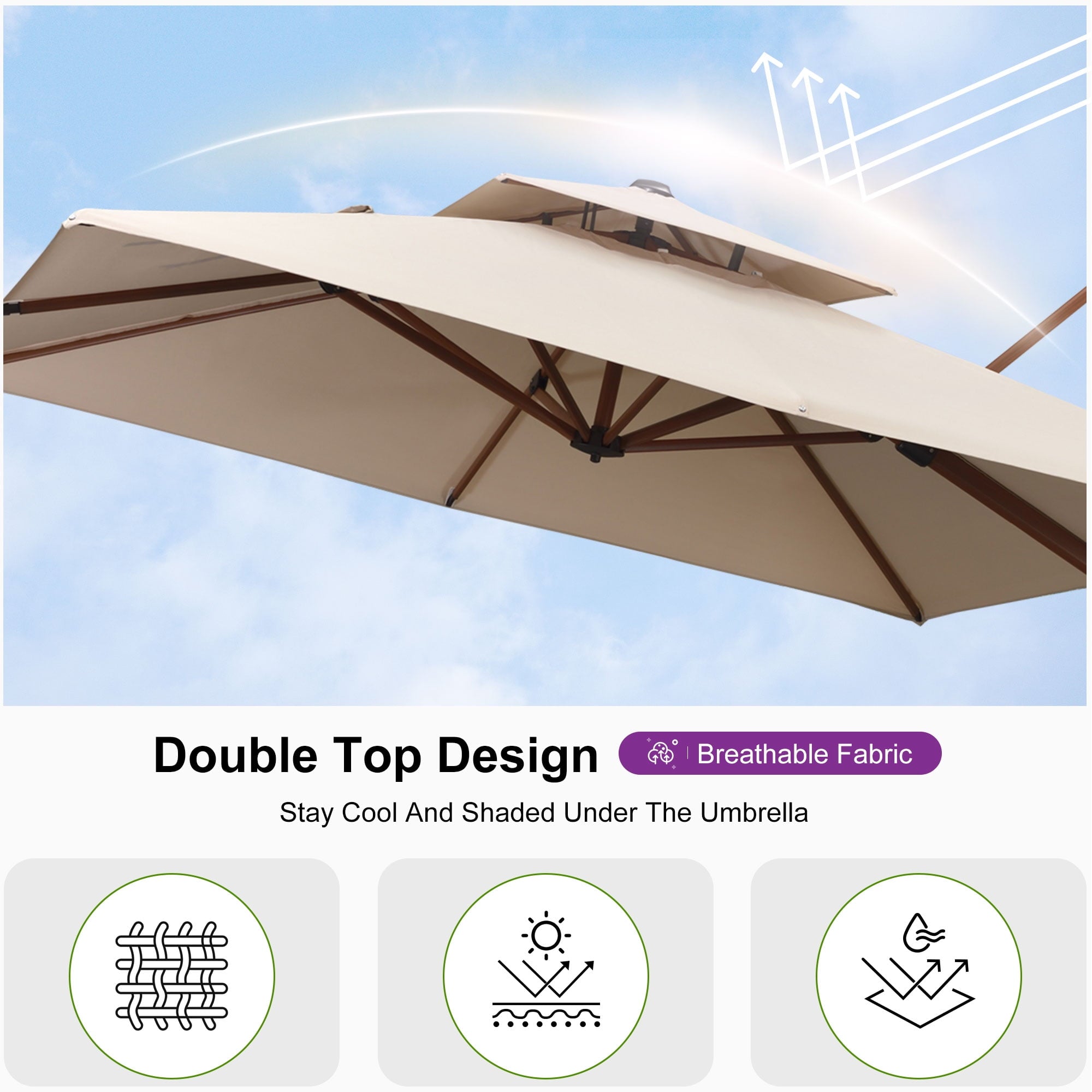 PURPLE LEAF 10FT Deluxe Square Wood Grain Patio Umbrella, Large Offset Cantilever Umbrella with 360° Rotation, Beige