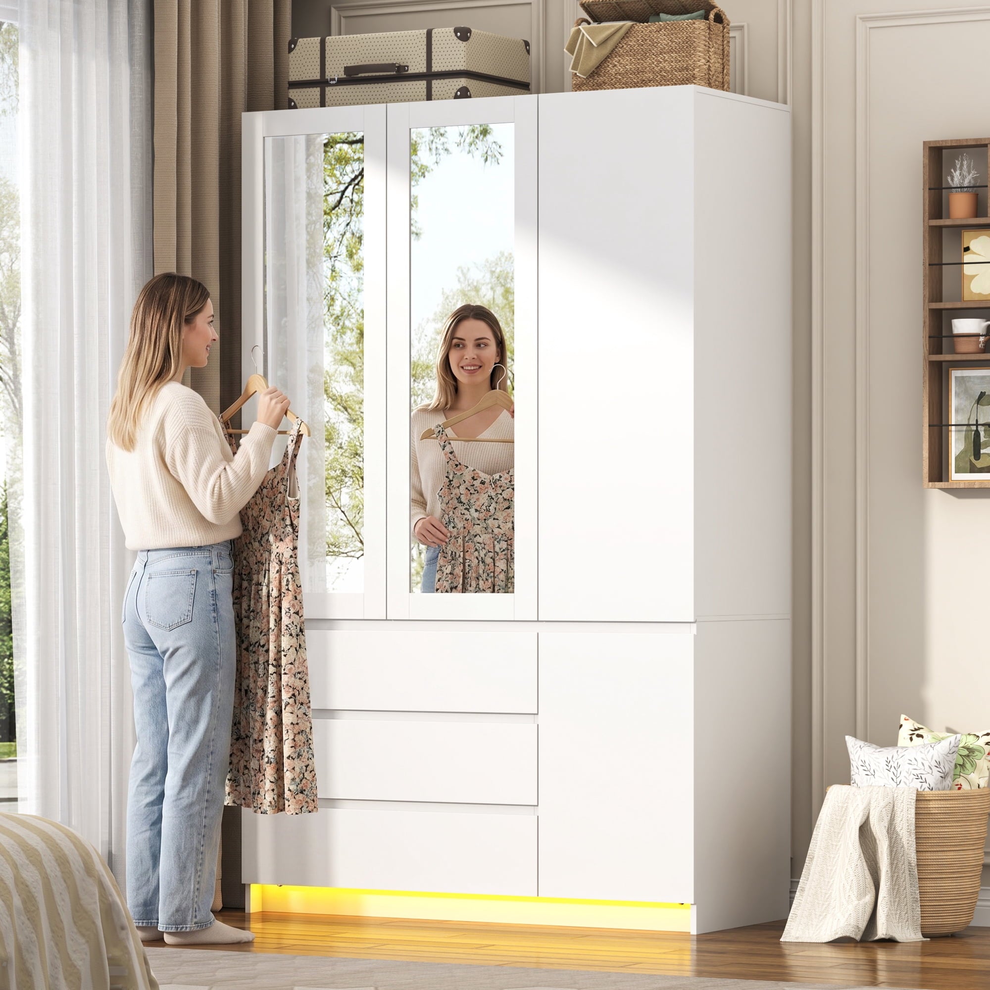 75 Tall 3 Doors Armoire Wardrobe Closet with  3 Drawers and Mirror, Large Wardrobe Closet for Bedroom with LED Lights, Wooden Armoire Storage Cabinet with Hanging Rod, Adjustable shelves (White)