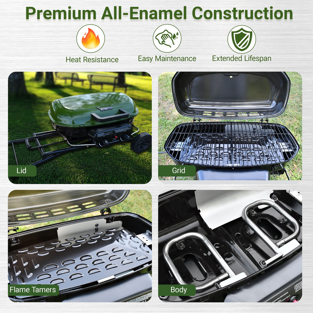 Brand Man Portable 2-Burner Camping Propane Gas Grill, Enameled Foldable BBQ with Griddle for Outdoor Cooking, Green