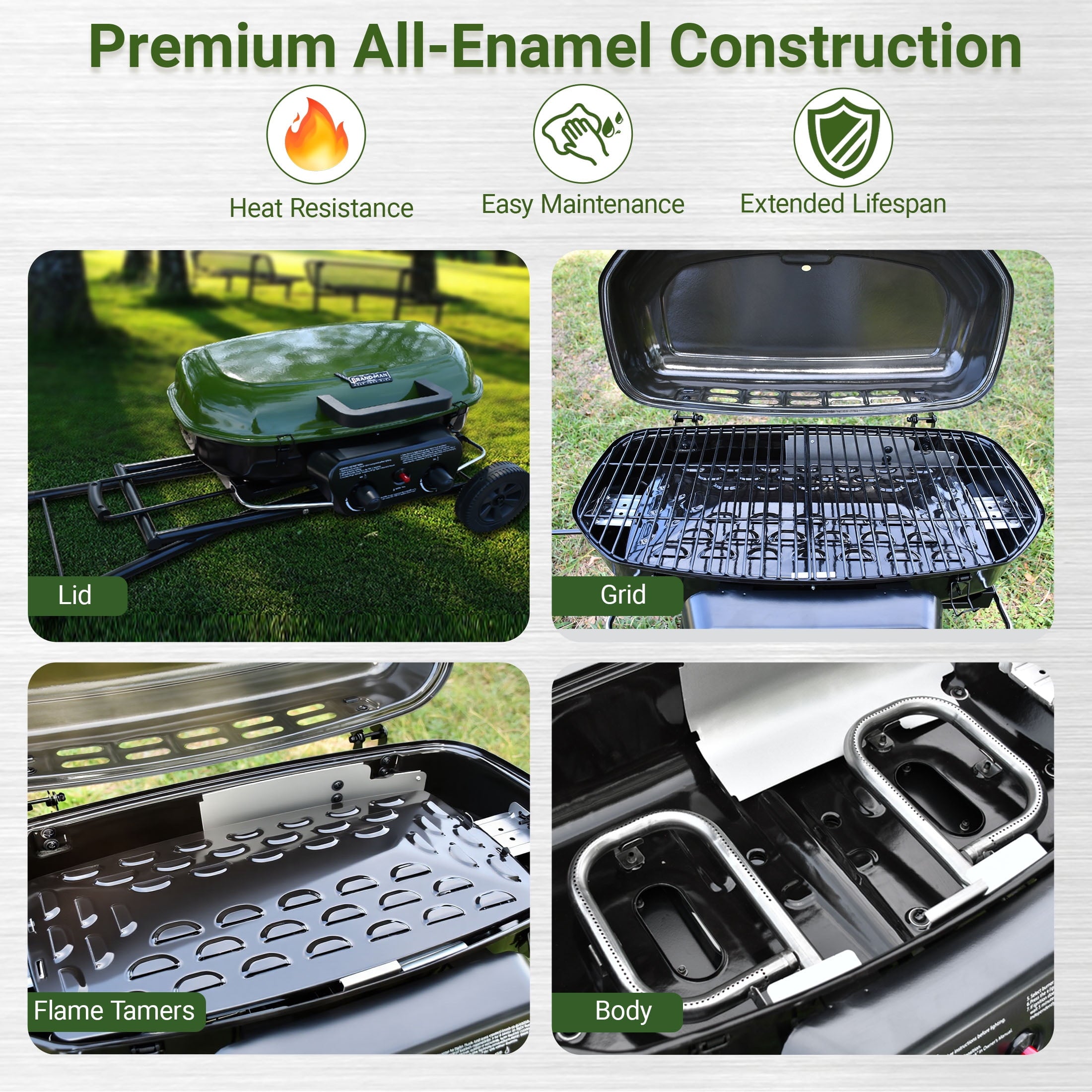 Brand Man Portable 2-Burner Camping Propane Gas Grill, Enameled Foldable BBQ with Griddle for Outdoor Cooking, Green