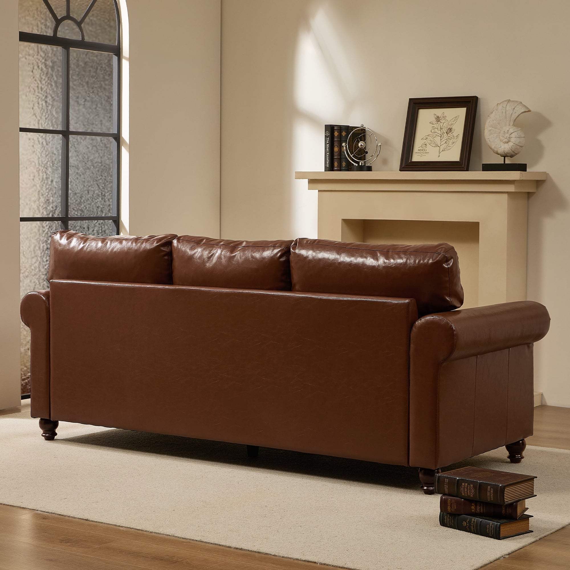 Me'on 80'' Faux Leather Sofa with Storage Seats, Classic 3-Seater Couch with Nailhead Trim, Easy Assembly, Dark Brown